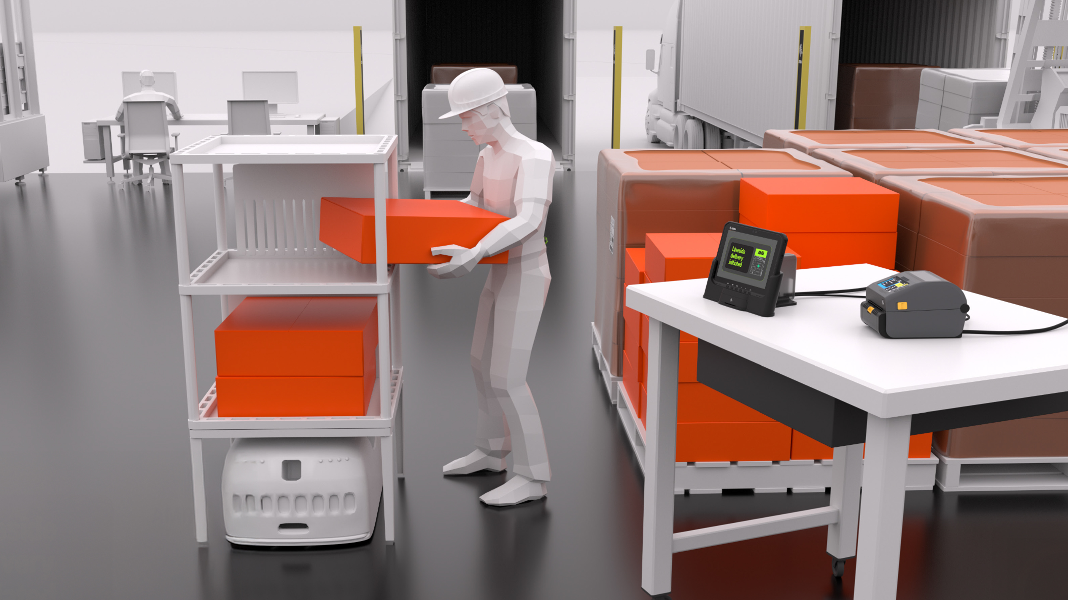 Once priority items are loaded onto an AMR for immediate lineside delivery, the Zebra ZD621 industrial printer generates high-quality labels for the remaining standard shipment. This process ensures all other items are accurately marked for organized putaway, preventing routing errors and improving overall warehouse efficiency.