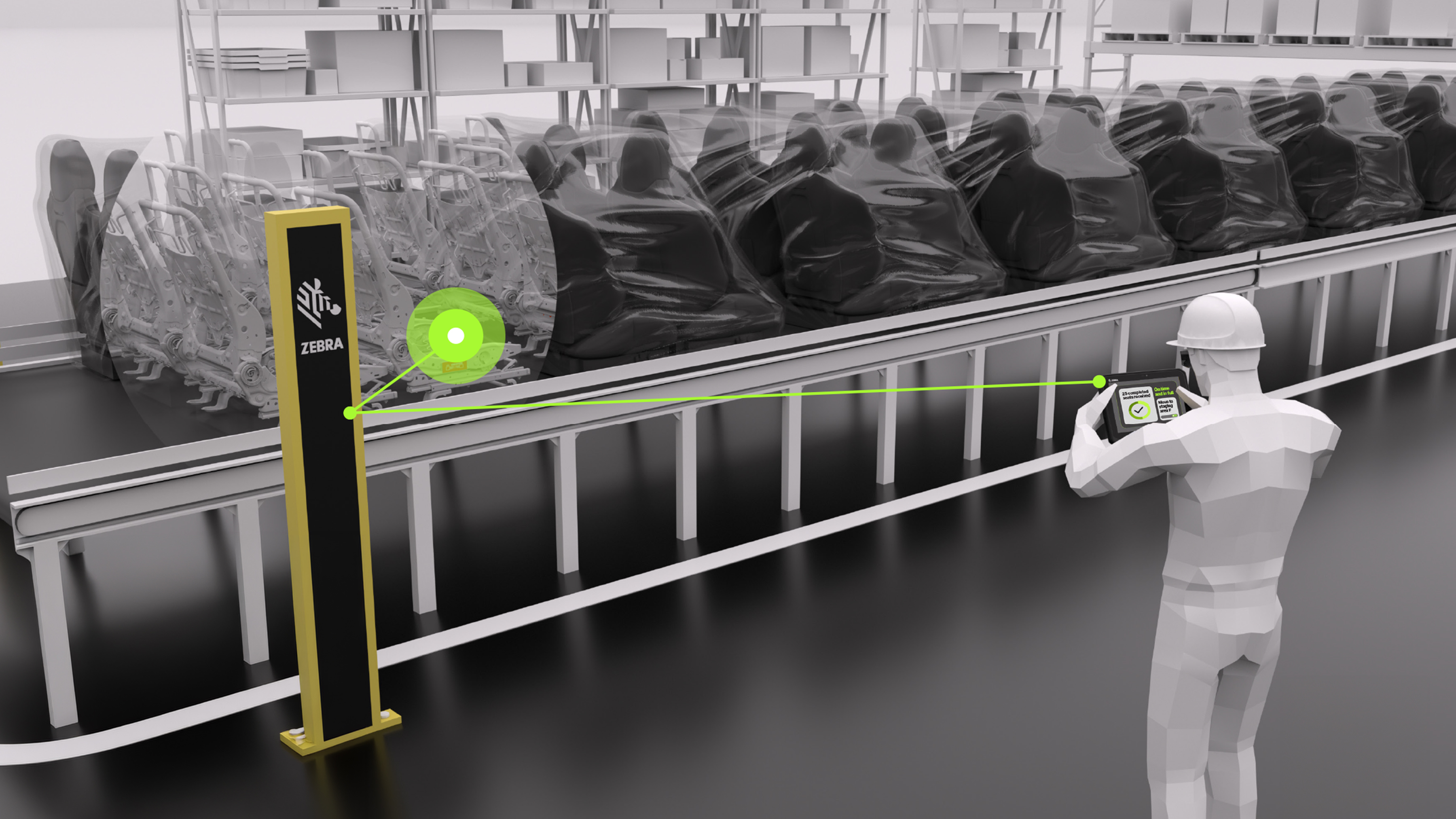 Once RFID portals capture tagged components, workers can view incoming inventory details in real time on Zebra ET401 enterprise tablets right on the factory floor. This mobile visibility empowers teams to confirm materials as they arrive, reducing search time and keeping production moving with fewer delays.