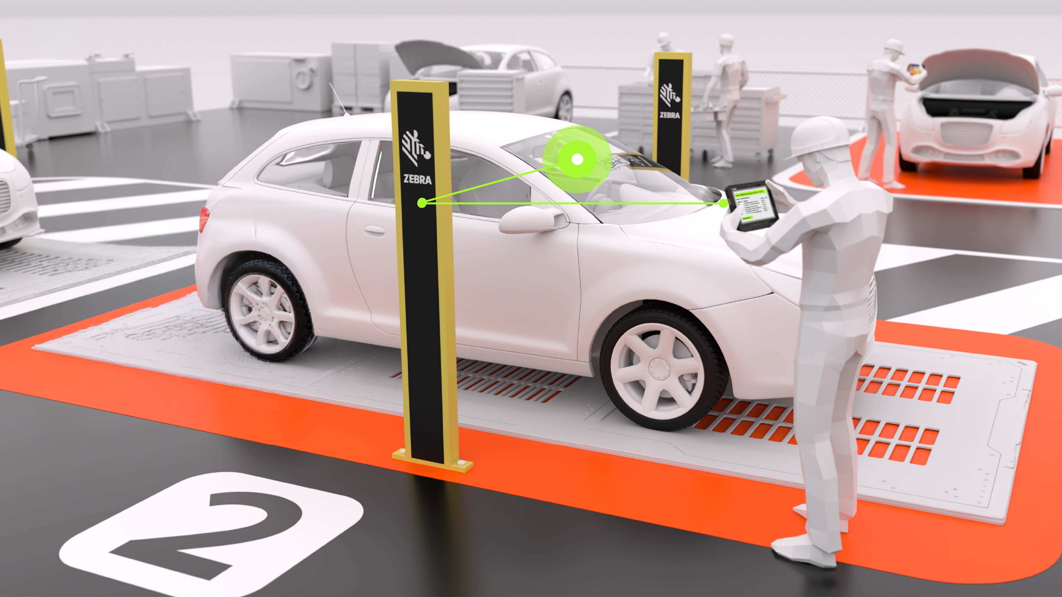 A manufacturing worker uses a tablet during the final inspection of a car on an assembly line, while a Zebra fixed industrial scanner inspects the vehicle's windshield.