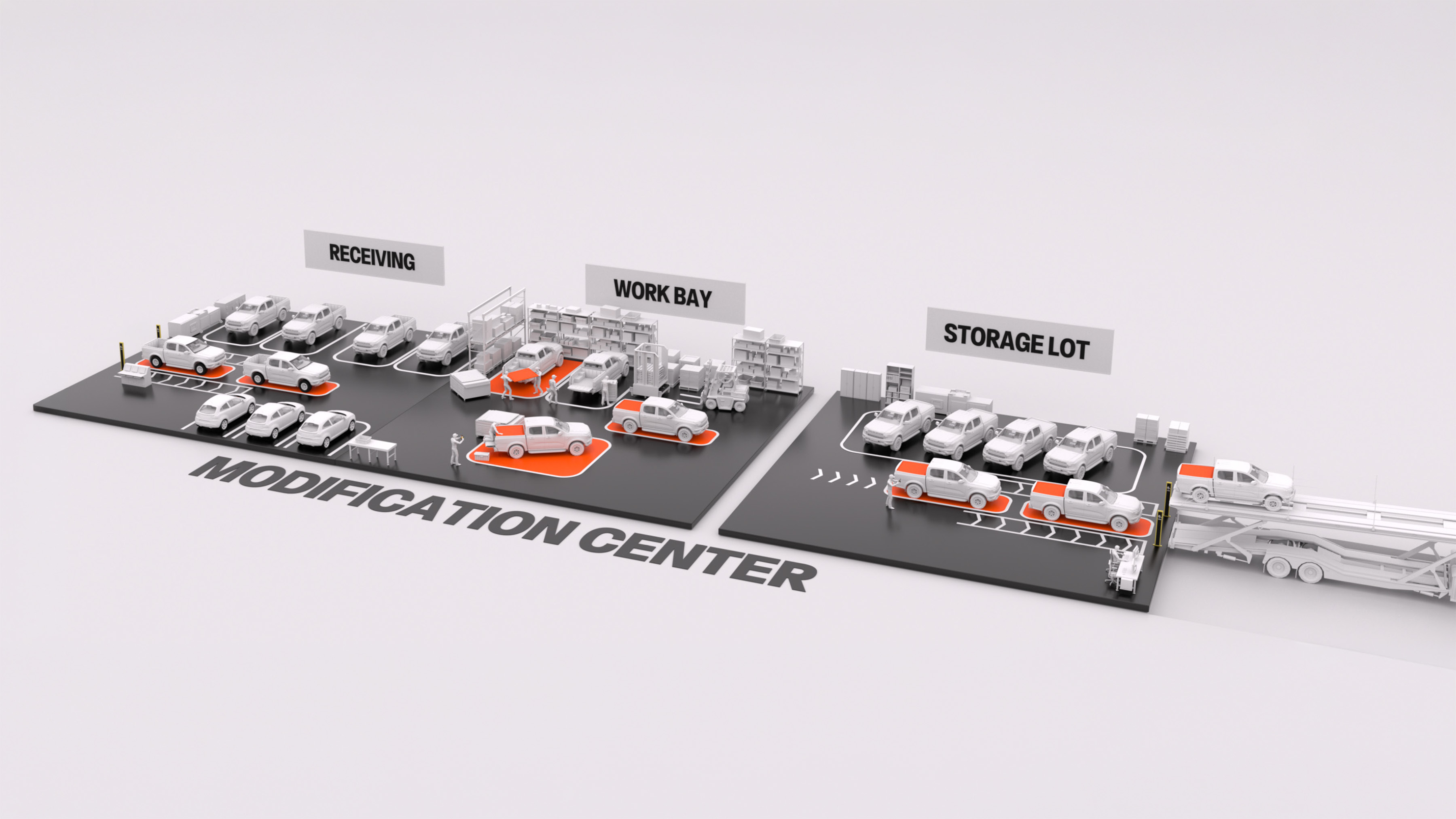 High level image of an automotive warehouse floor modification center.