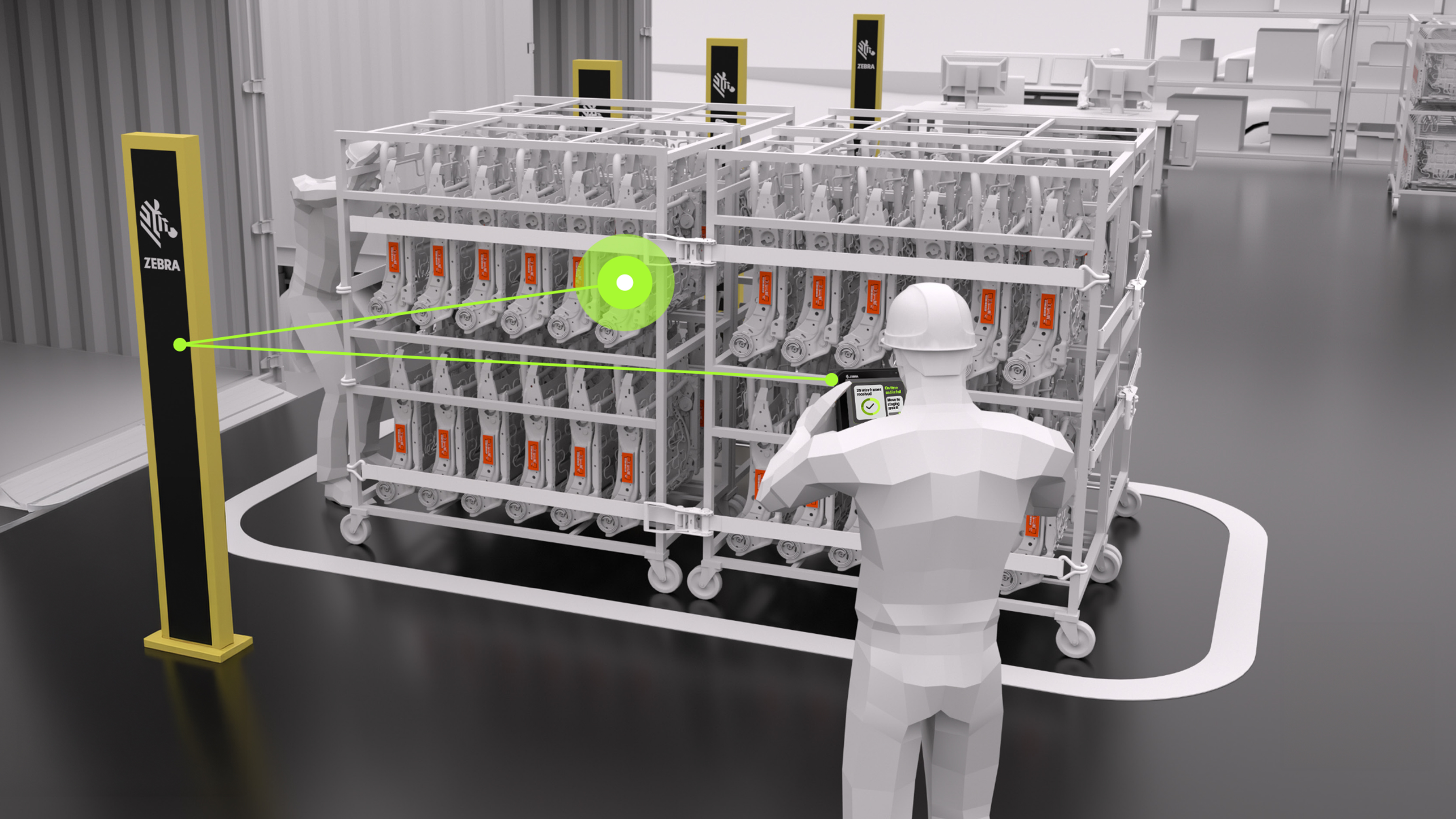 As tagged components arrive at sub-assembly and assembly operations, strategically placed Zebra RFID Portals automatically read the tags while the items are in motion. This automated, hands-free process creates a seamless transition between departments, eliminating manual scanning and accelerating production timelines without unnecessary delays.