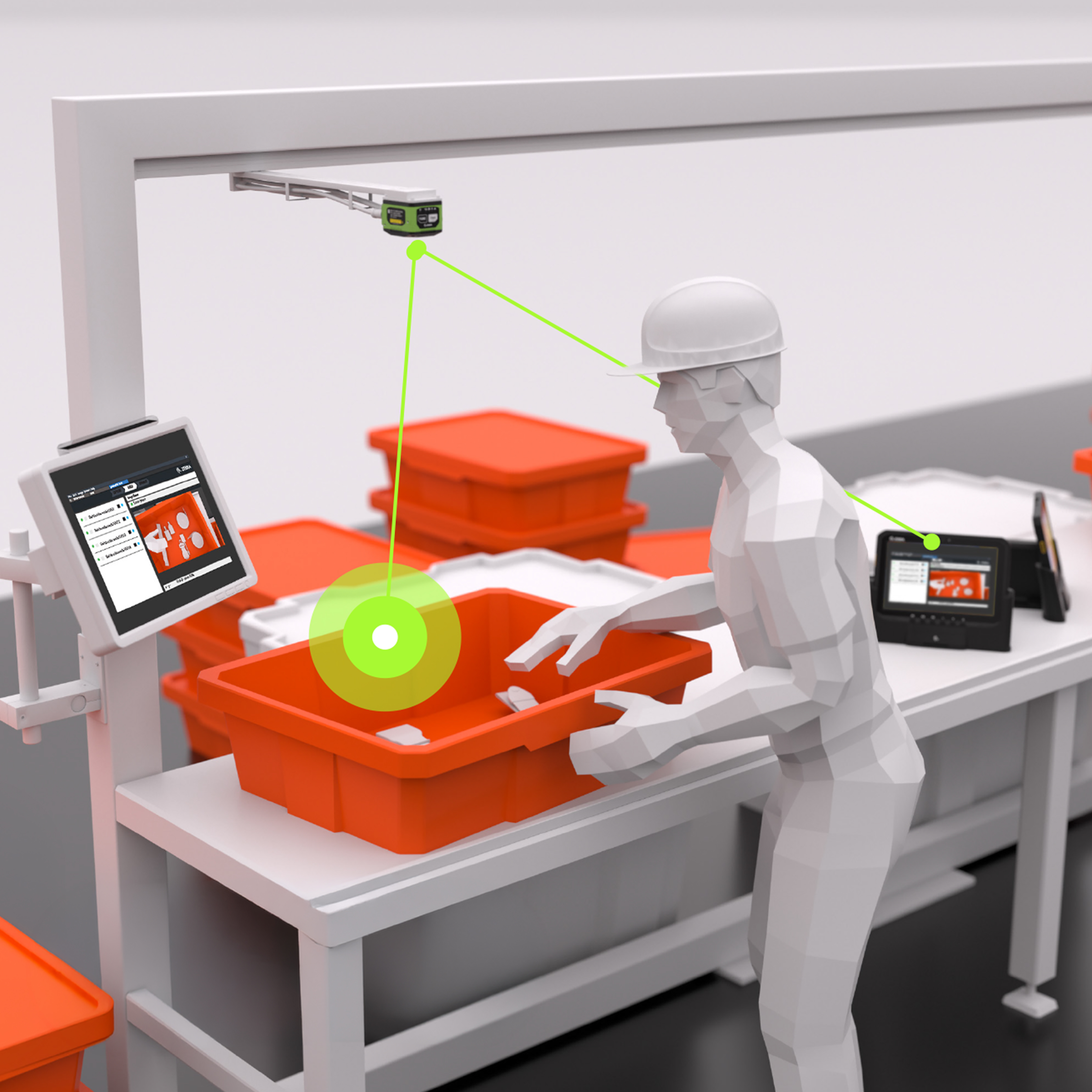 A detailed 3D isometric illustration of a worker at a designated kitting and sub-assembly station within a modern smart factory. The scene focuses on a worker managing components near an orange storage bin, representing the workflow stages of verifying kits and preparing them for the assembly line. This visual emphasizes hands-on task management, workflow efficiency, and logistics within an industrial manufacturing environment.