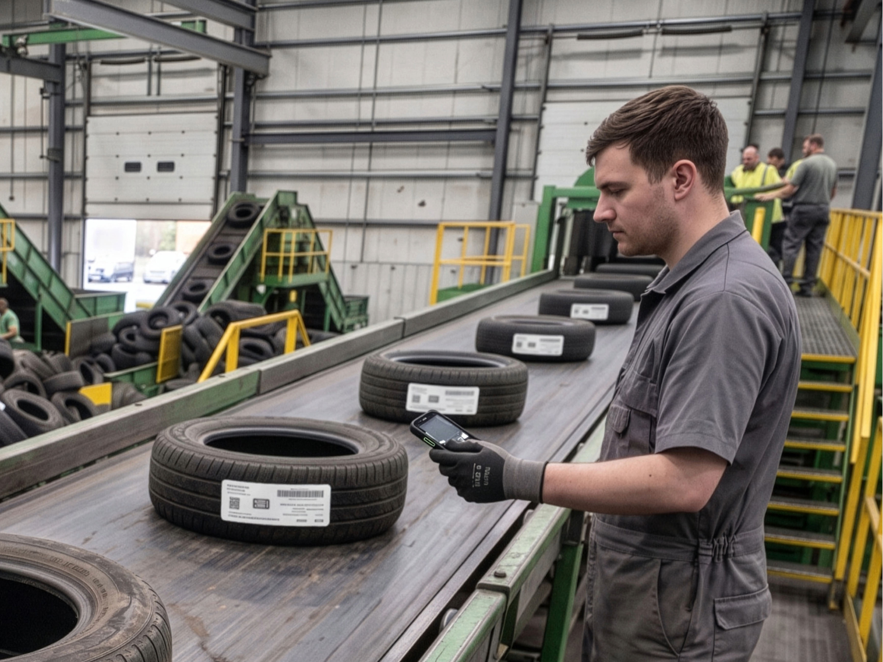 Technicians use Zebra rugged mobile computers to scan embedded RFID tire tags at inspection and recycling checkpoints, validating tire origin, material composition, and retread history against centralized digital product passport databases to streamline recycling operations and ensure EU compliance.