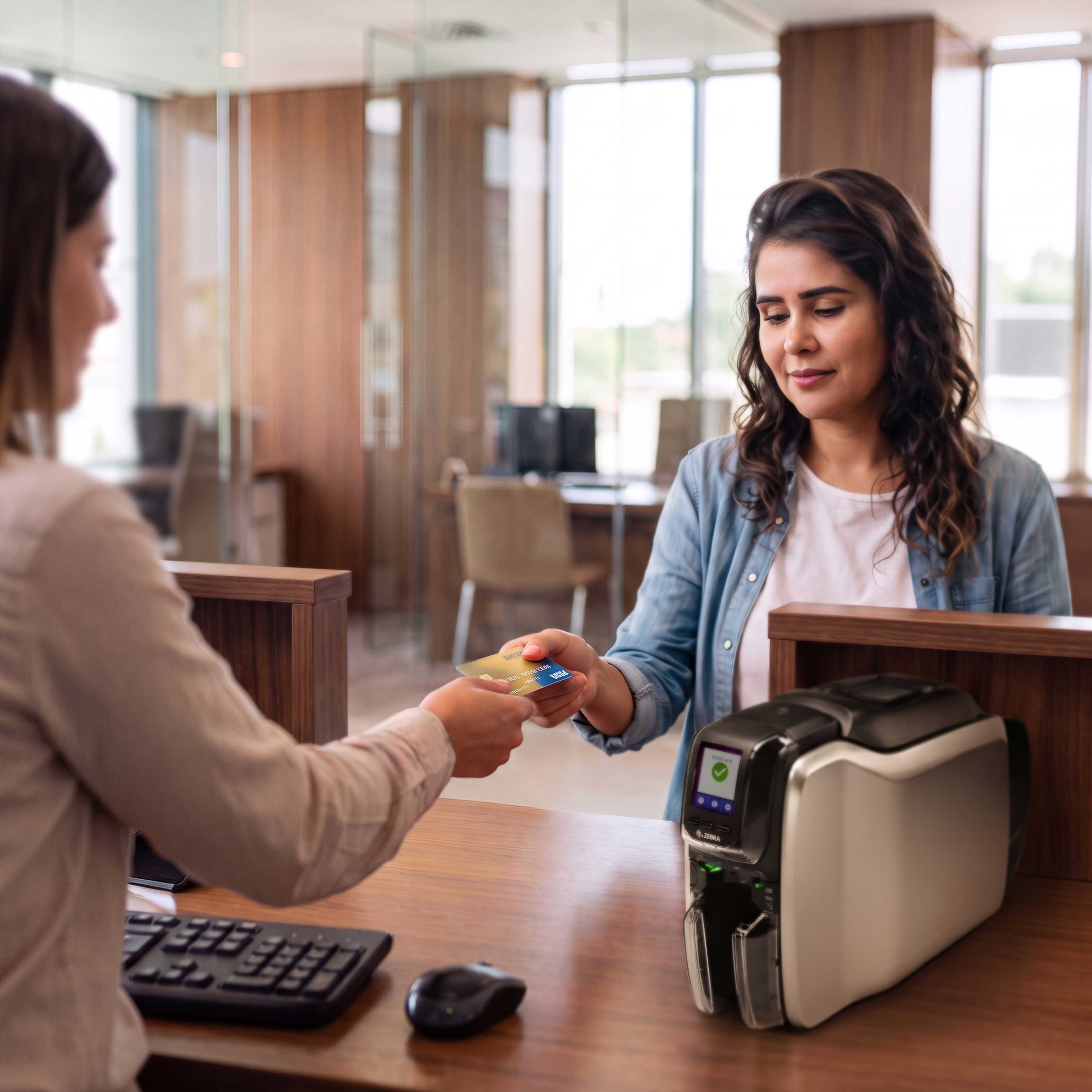 A bank associate uses a Zebra ZC300 Series card printer to instantly print and issue a secure payment card for a customer at a bank branch service counter.