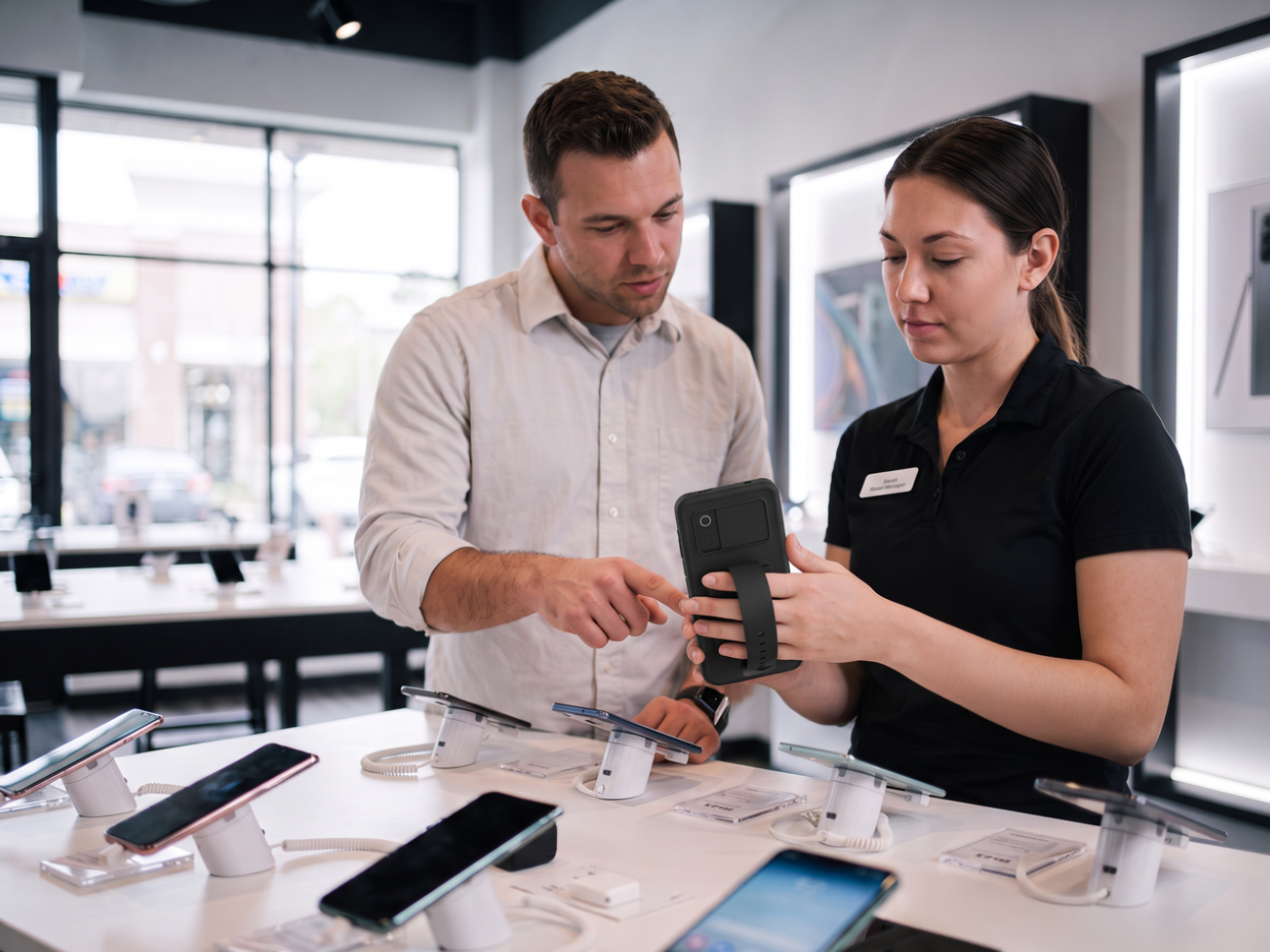 An associate uses the rugged Zebra EM45 enterprise mobile computer to manage the entire customer journey, from plan activation and IMEI scanning to integrated payments, all on a single device. This all-in-one solution streamlines workflows and enhances customer interactions, while its enterprise-grade durability reduces hardware churn and support demands.