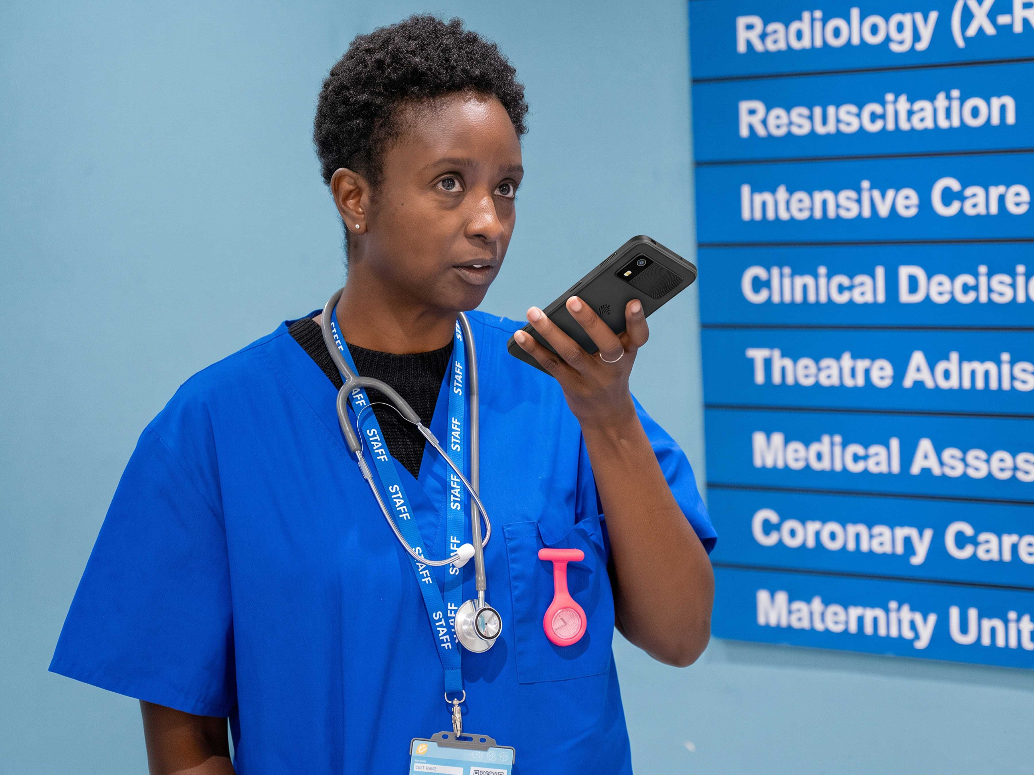 A clinician uses a Zebra EM45 mobile computer for voice communications in a hospital hallway, enabling efficient collaboration and access to patient information.