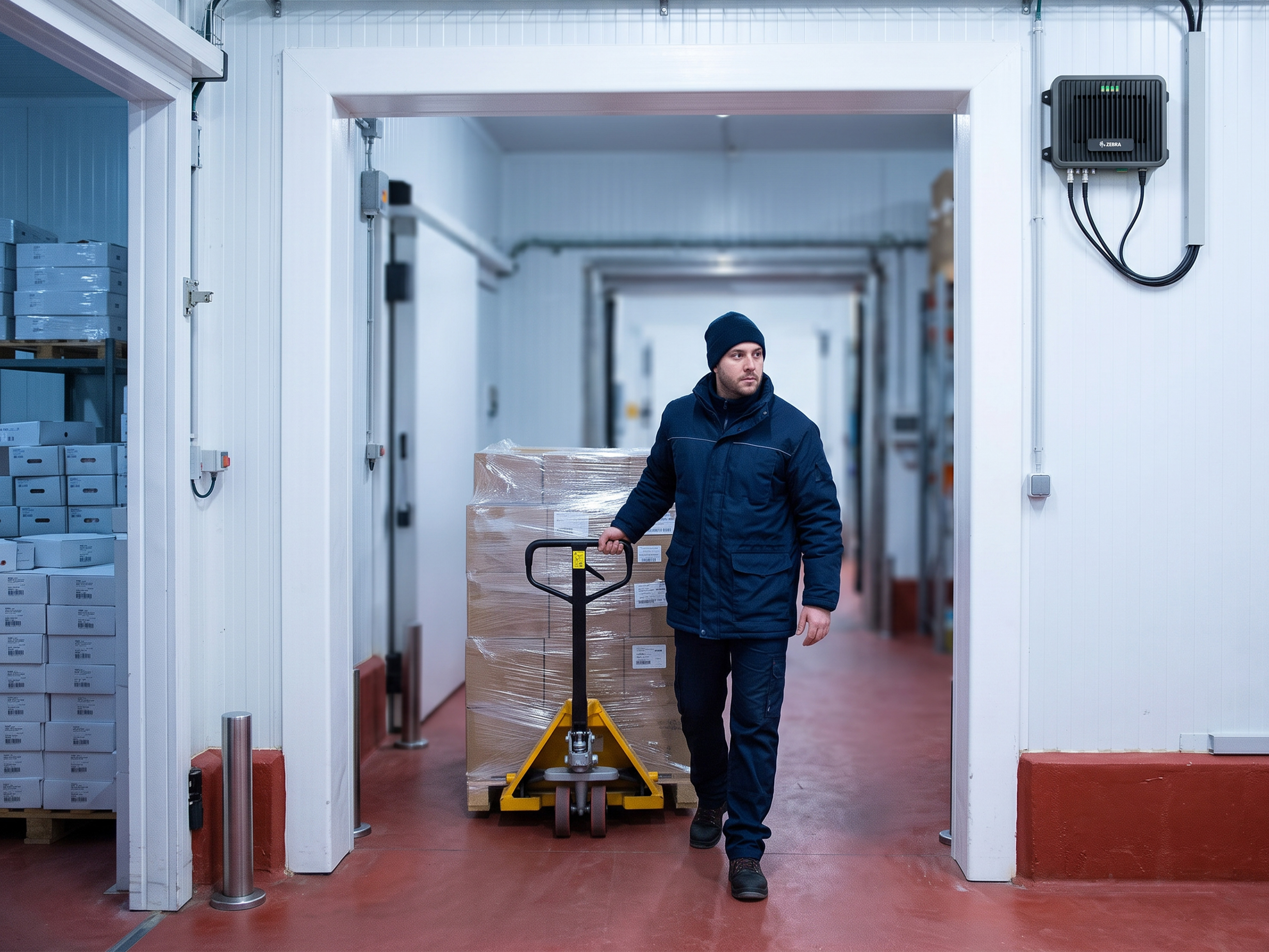 A healthcare logistics worker pulls cargo past a wall-mounted Zebra FX9600 fixed RFID reader automatically tracking shipments.
