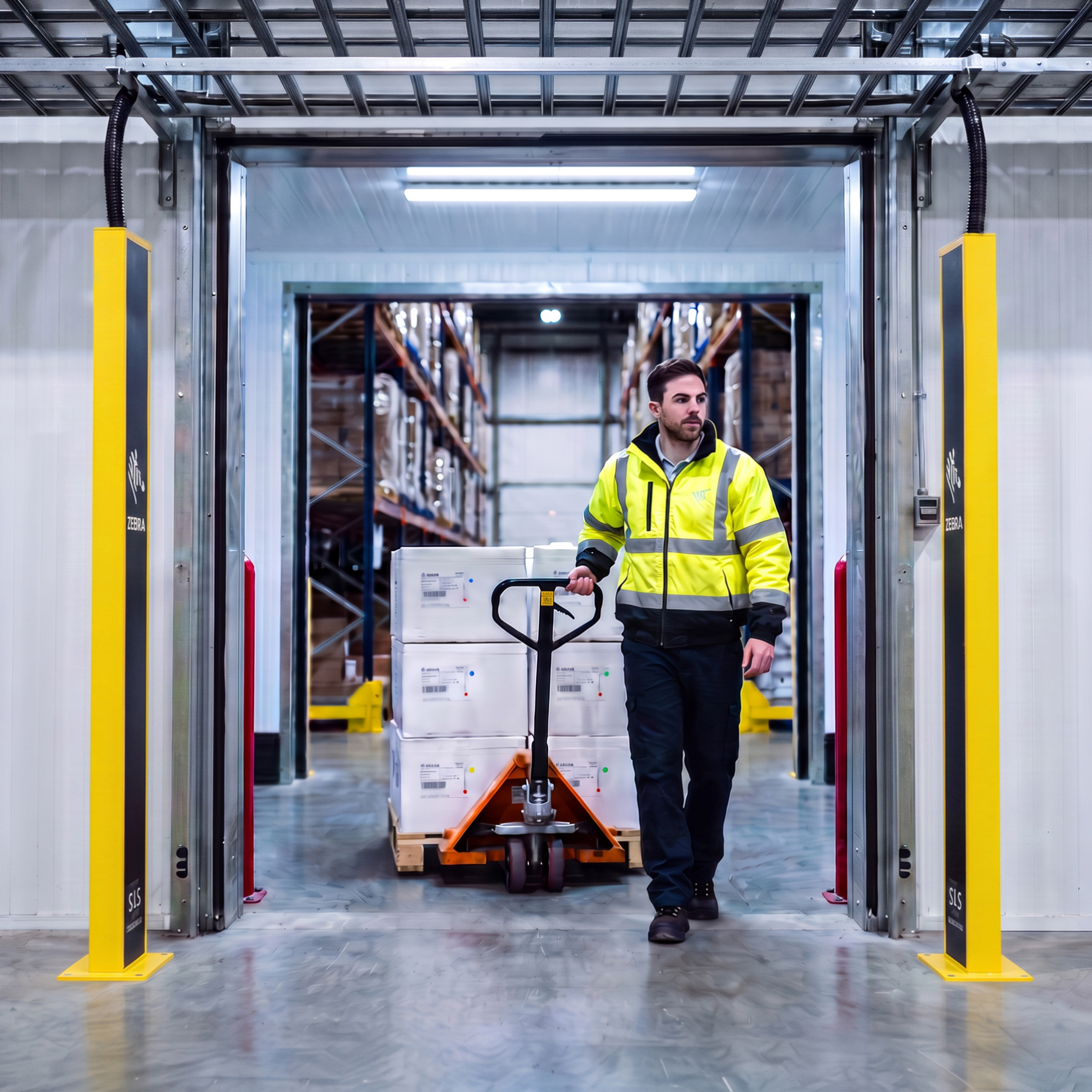 A logistics worker pulls pharmaceutical shipments past Zebra RFID portals at a warehouse doorway to capture serialization data.