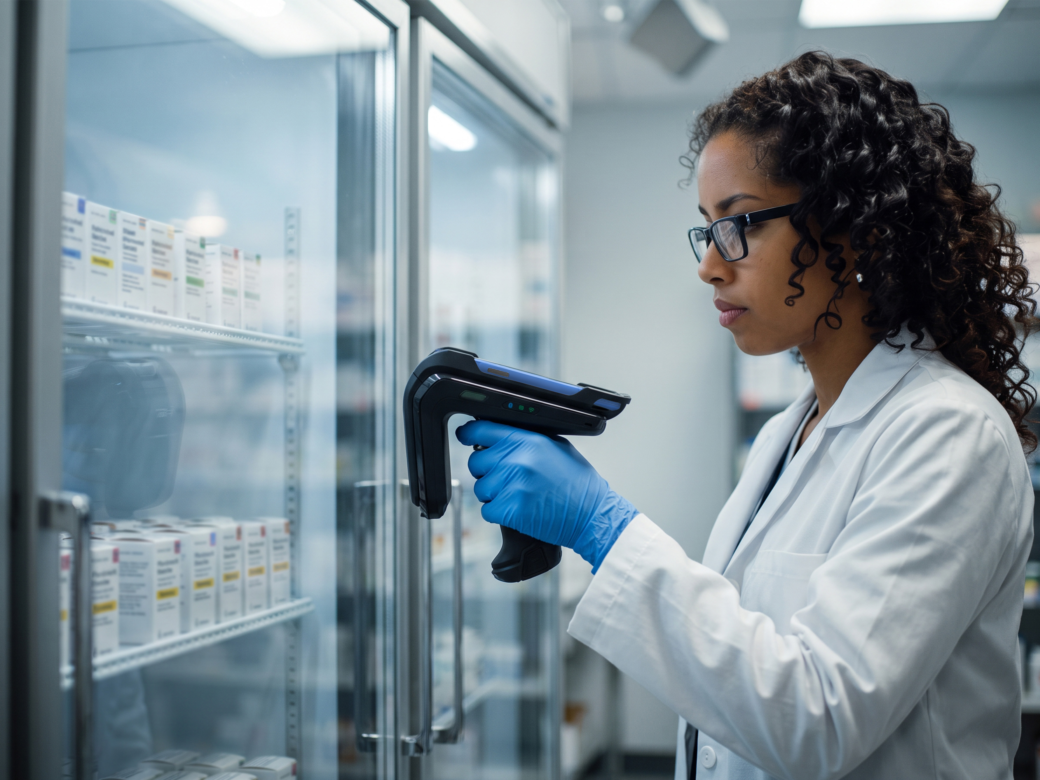 Healthcare worker uses a Zebra RFD40 RFID Sled to scan vaccine cartons inside a refrigerator to track temperature-sensitive inventory.