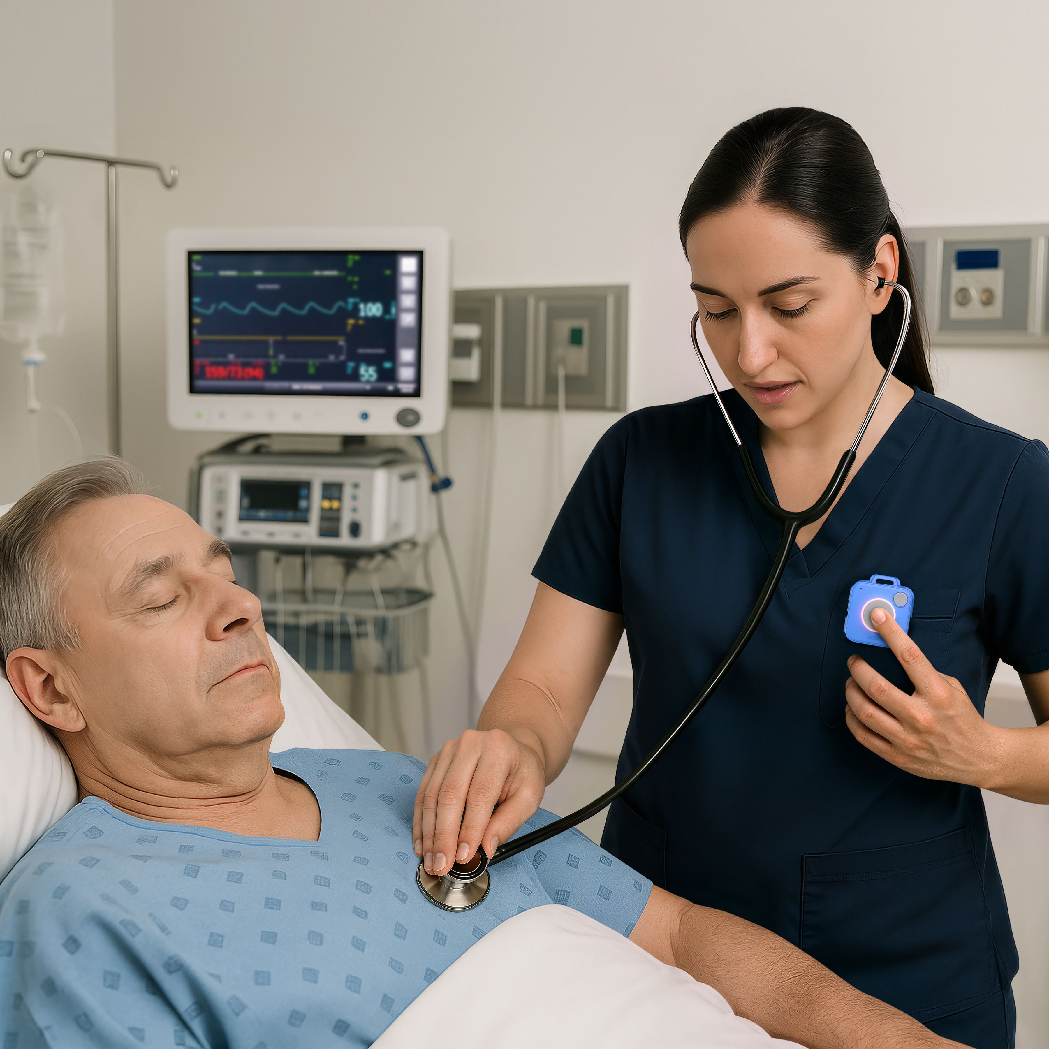 Healthcare nurse using Zebra WS101-H to communicate at patient bedside.