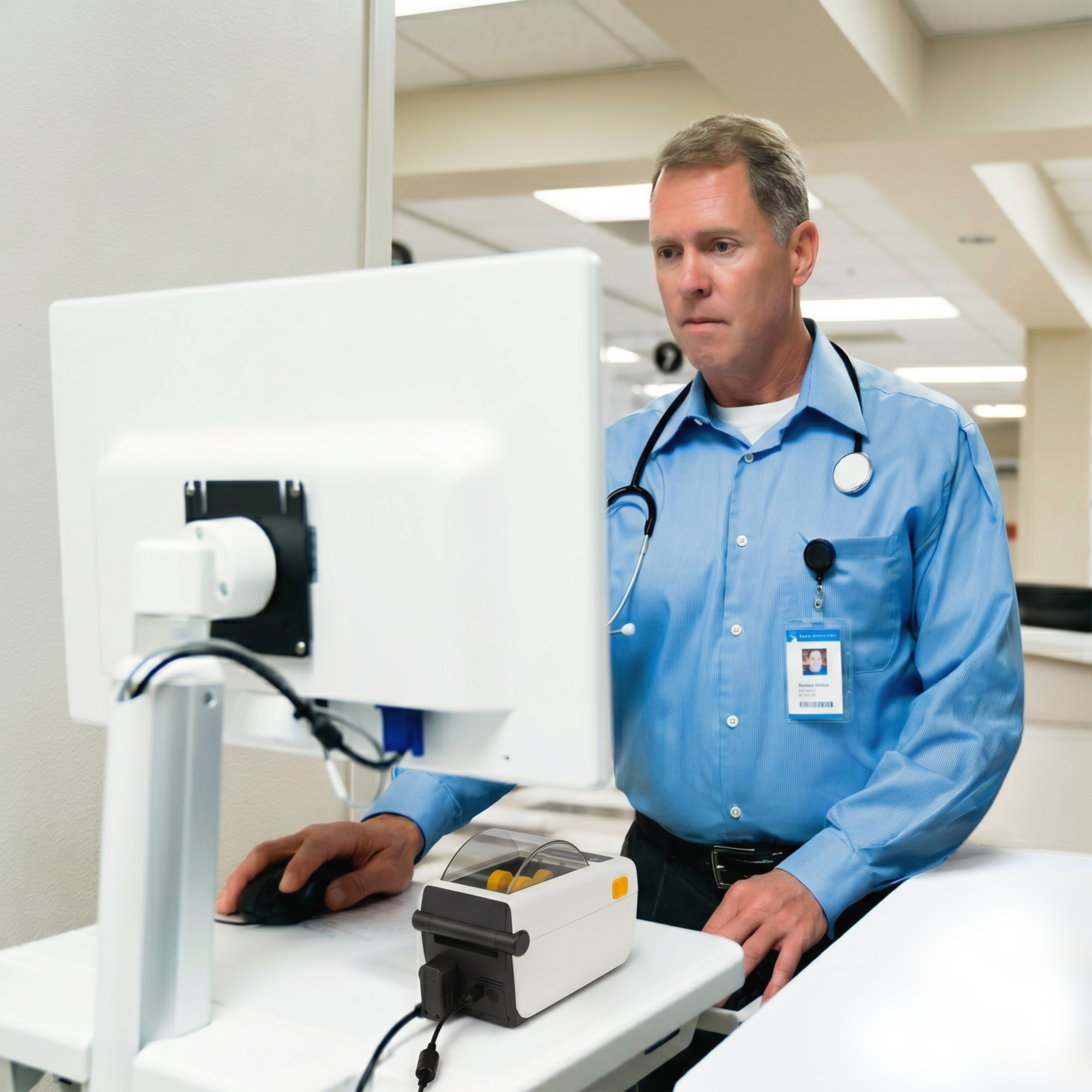 A healthcare professional with a stethoscope stands at a mobile computer on wheels (COW) in a hospital corridor. Next to the monitor is a compact, white Zebra desktop printer, demonstrating an efficient setup for printing patient or specimen labels directly at the point of care.