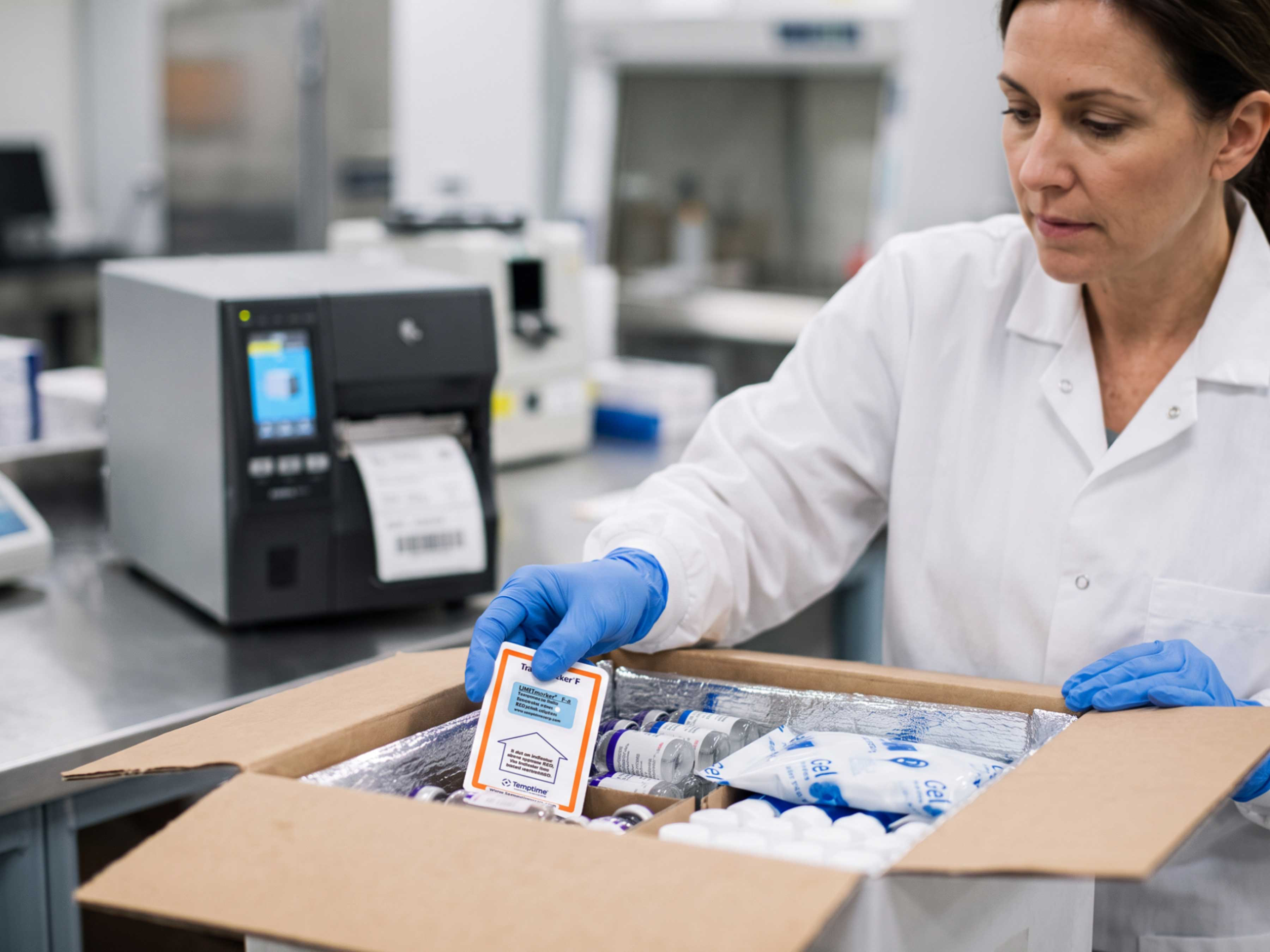 A healthcare technician prepares a vaccine cold chain shipment using a Zebra Temptime TransTracker F indicator beside a ZT411 printer.