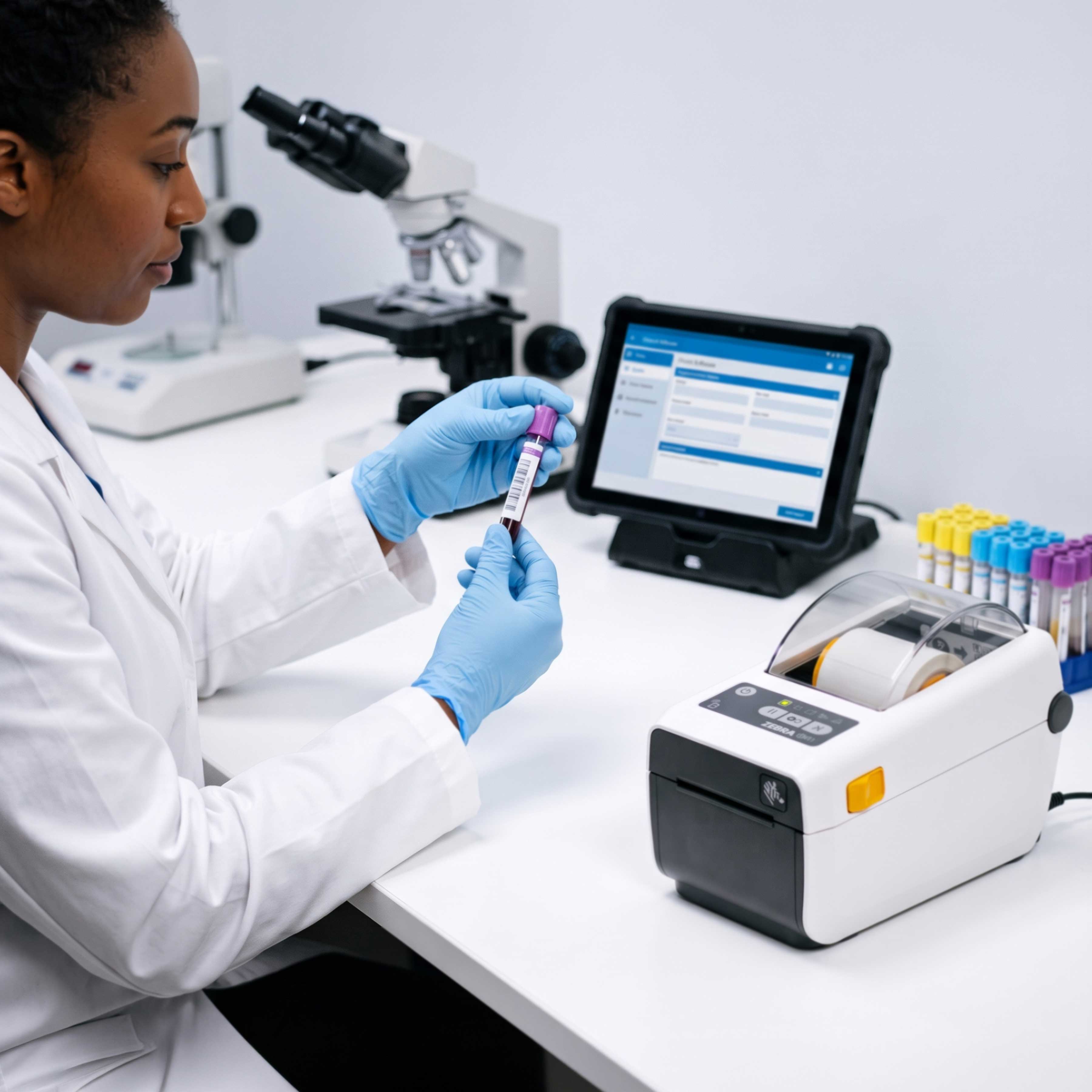 A lab technician in a healthcare setting uses a Zebra ZD411-HC printer to create labels for blood specimen tubes, ensuring accurate tracking and chain of custody.