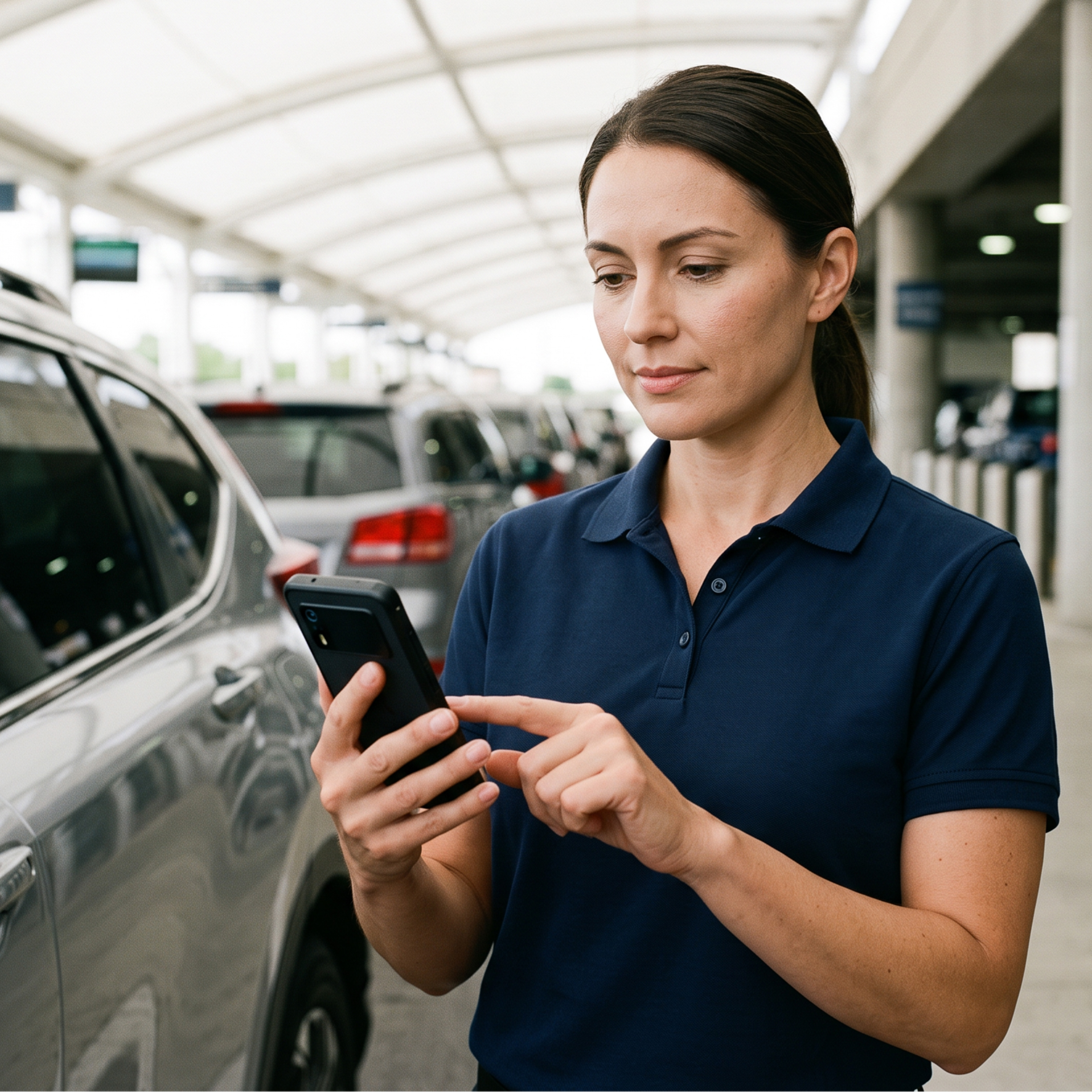 A hospitality worker uses a Zebra EM45 RFID mobile computer to track vehicle readiness workflows at a rental car facility.
