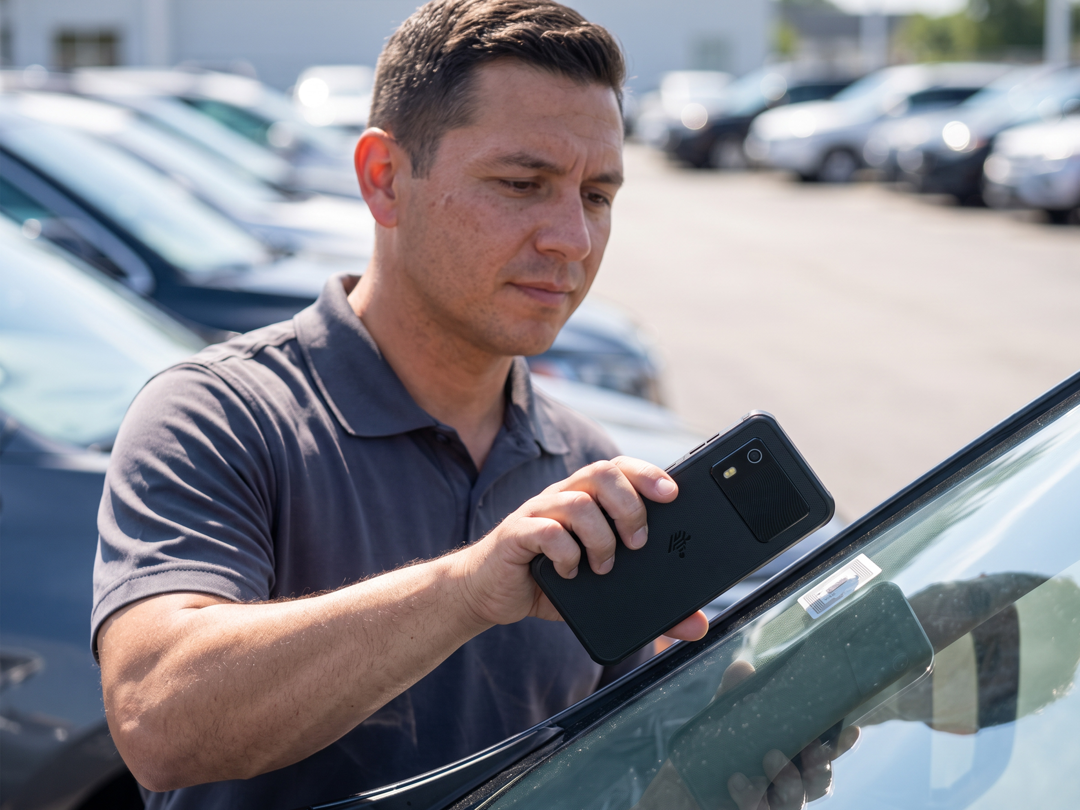 A hospitality worker uses a Zebra EM45 RFID handheld to scan a vehicle windshield tag for rental car turnaround and readiness tracking.