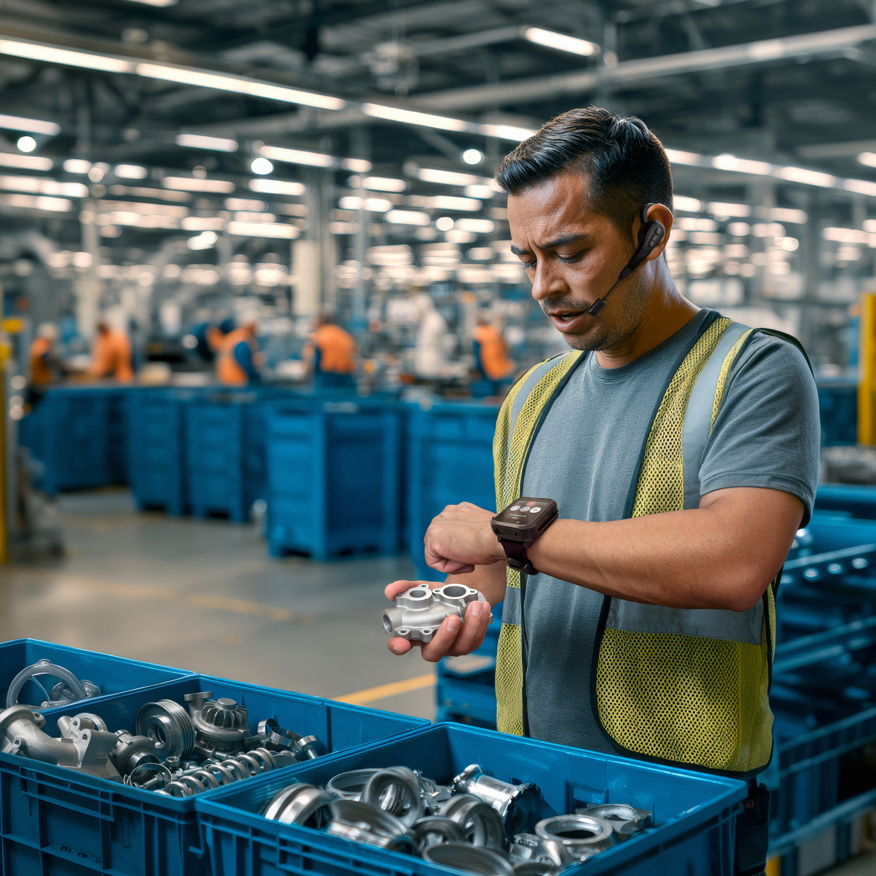 Photo of a manufacutring worker at a production floor with a WS301 on the wrist, using Workcloud Sync to sort parts. This image was generated with the assistance of AI tools and may not depict real people, places, or events.