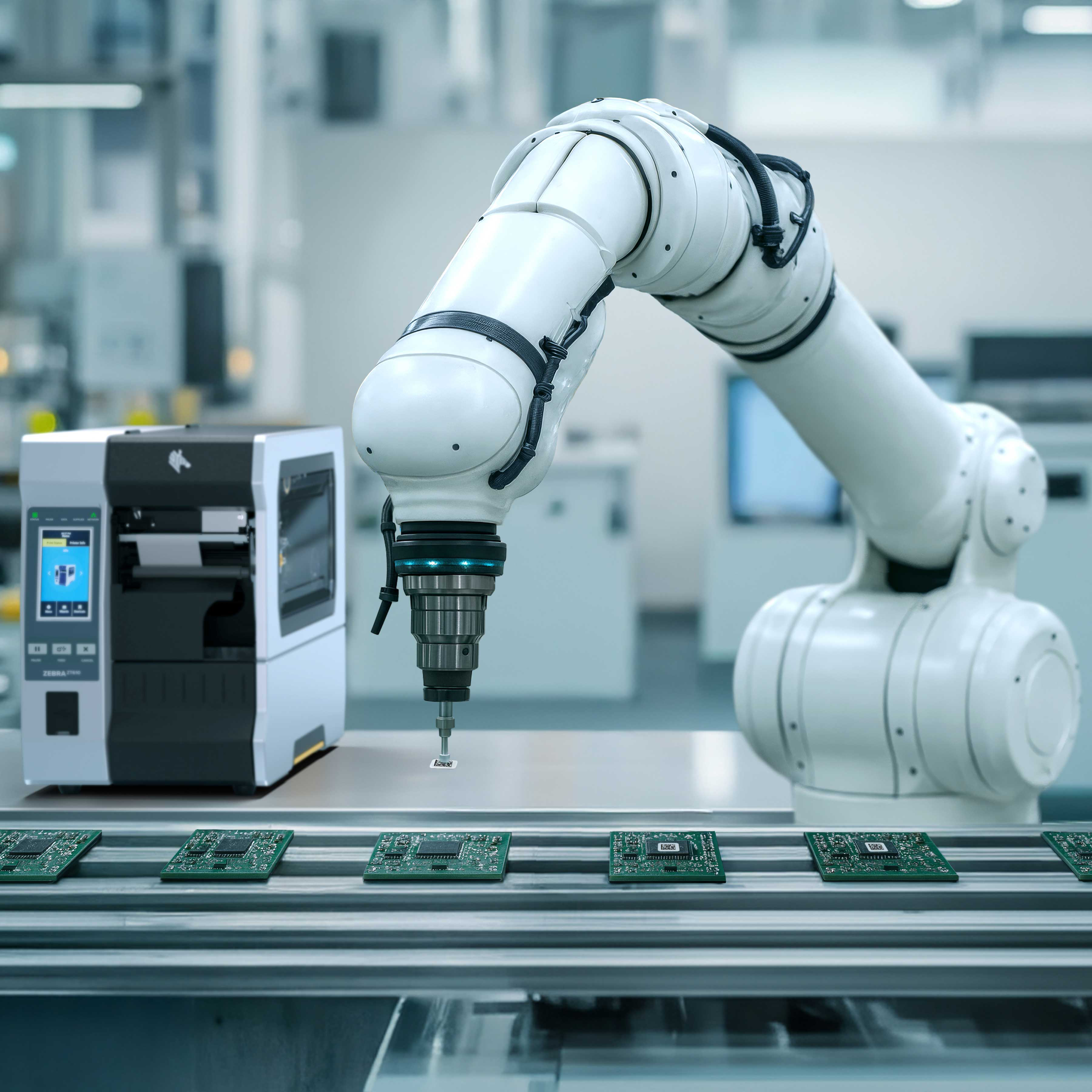 A Zebra ZT610MLP industrial printer works with a robotic arm to automate the application of microlabels onto electronic circuit boards on a manufacturing assembly line.