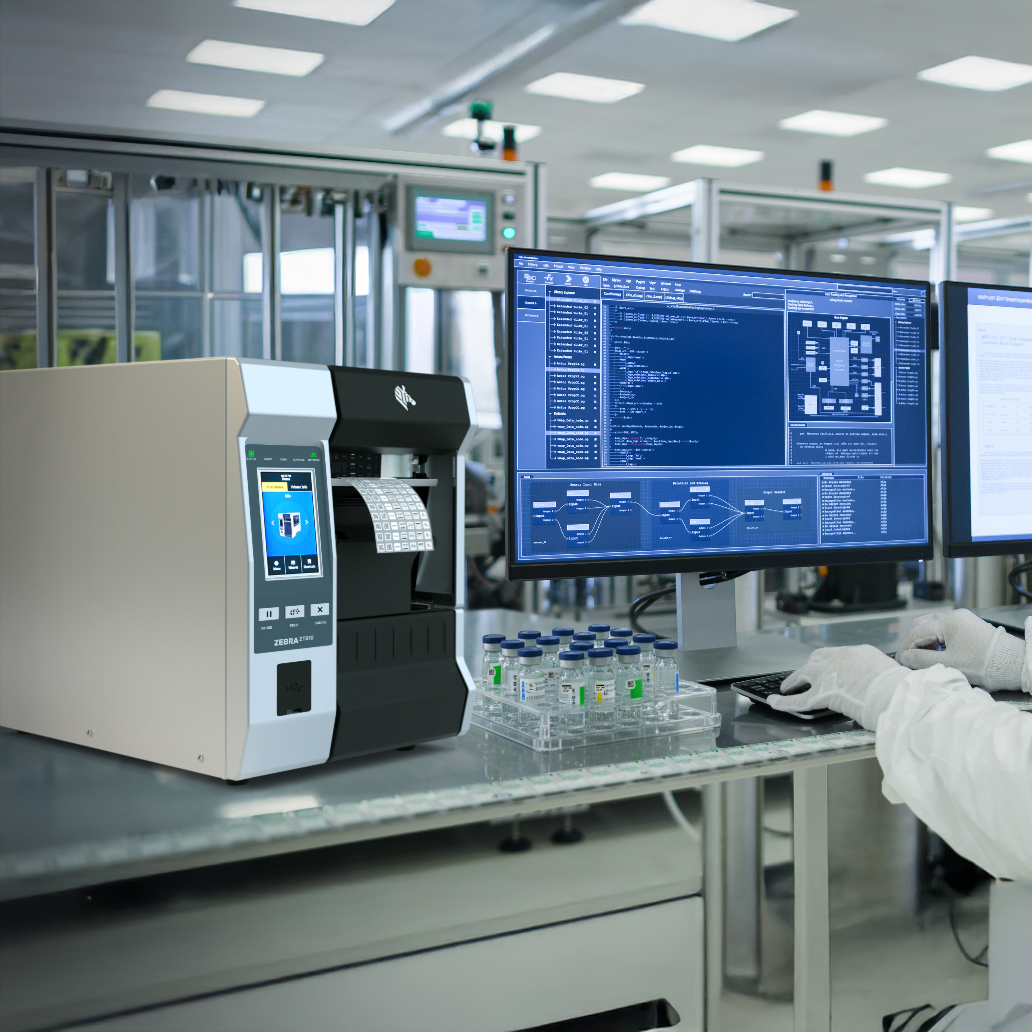 A healthcare worker uses a Zebra ZT610 Industrial Printer to print barcode labels next to vials in a sterile laboratory environment.