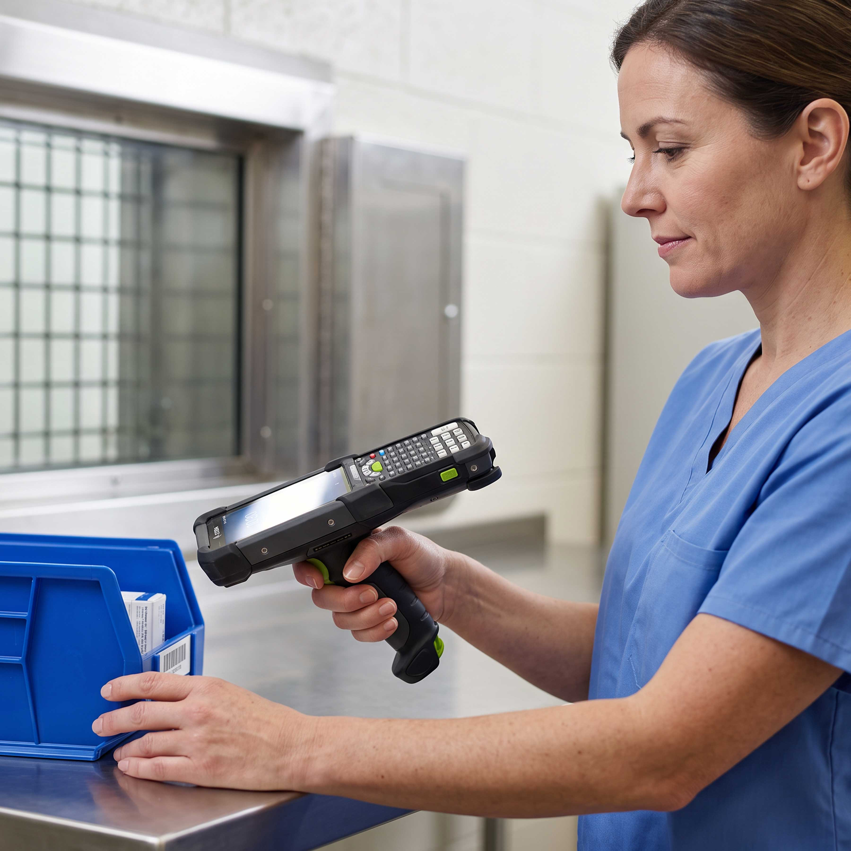 A public sector employee uses a Zebra MC9400 mobile computer to scan and manage medical assets in a secure facility.
