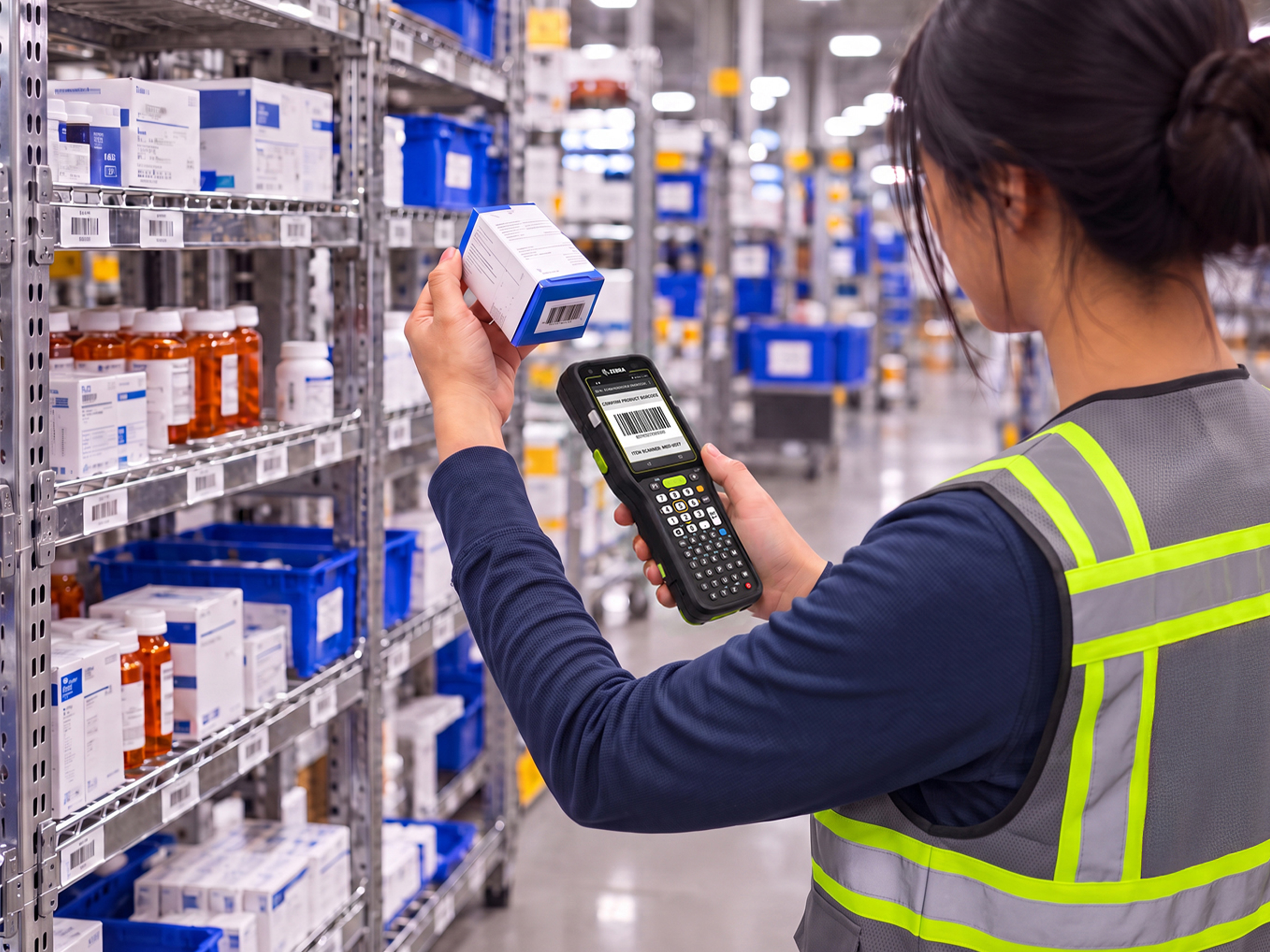A pharmacy worker uses a Zebra mobile computer to scan a medicine box barcode, verifying inventory accuracy on warehouse shelves.