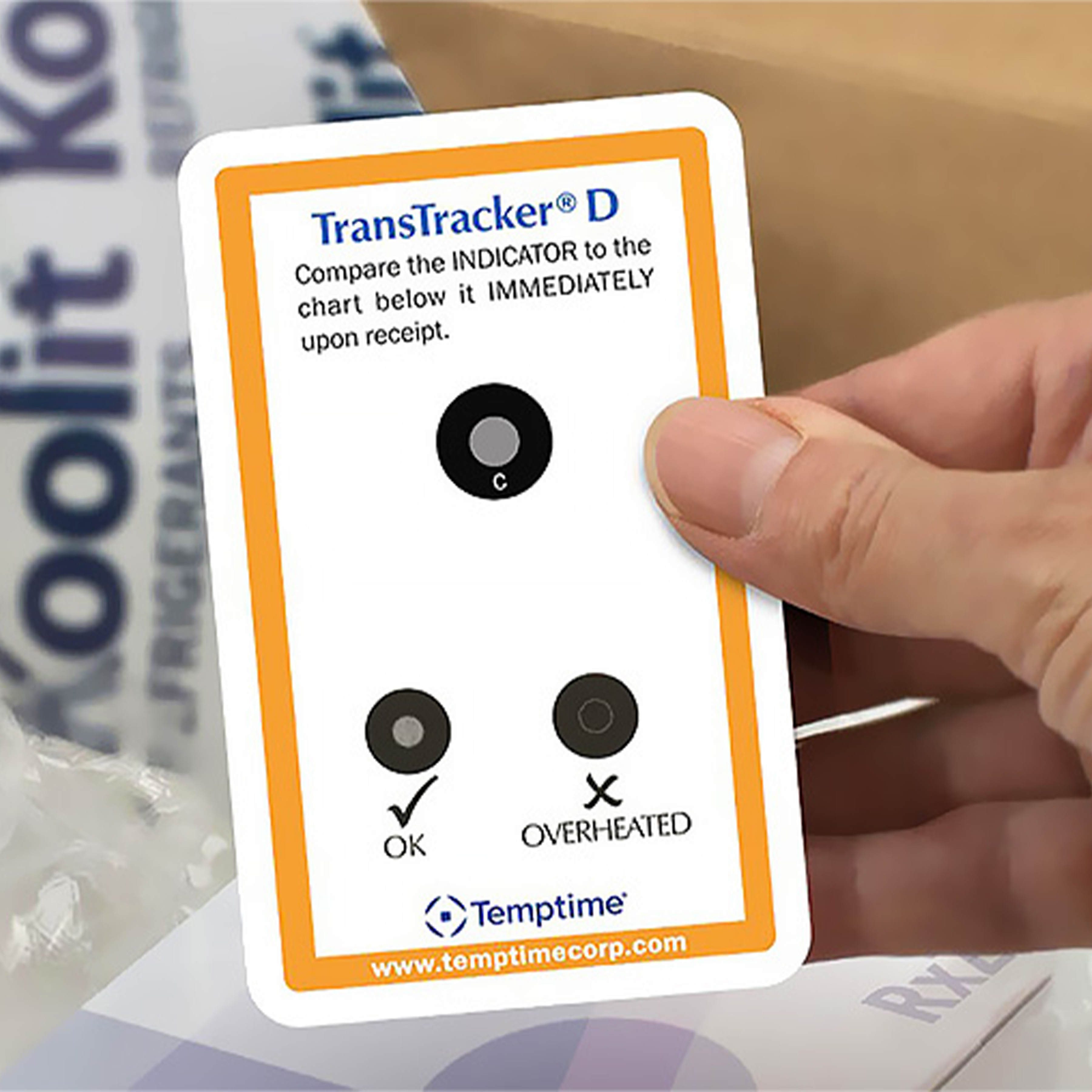 TransTracker® D temperature indicator to verify the condition of a temperature-sensitive shipment upon receipt. The card is used to check if the package contents have remained within the acceptable temperature range or if they have overheated during transit. Used in the cold chain and logistics industry.