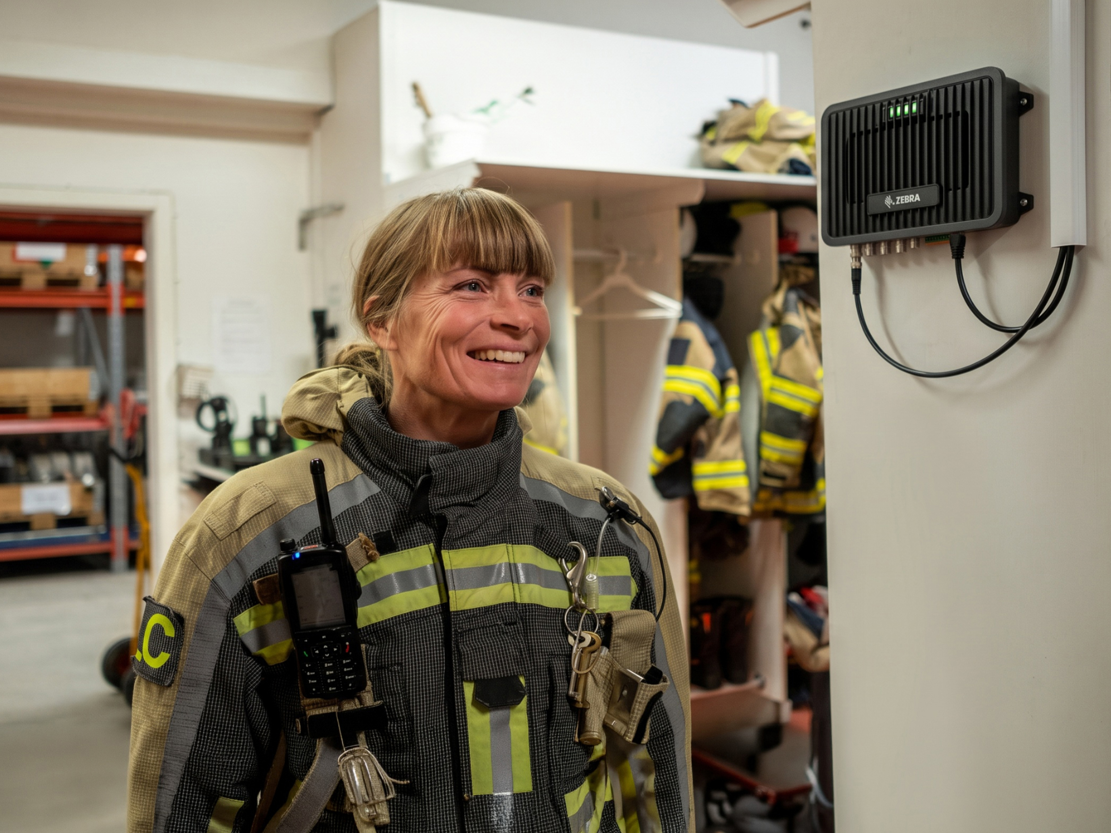 Firefighter smiling and walking past a Zebra FX9600