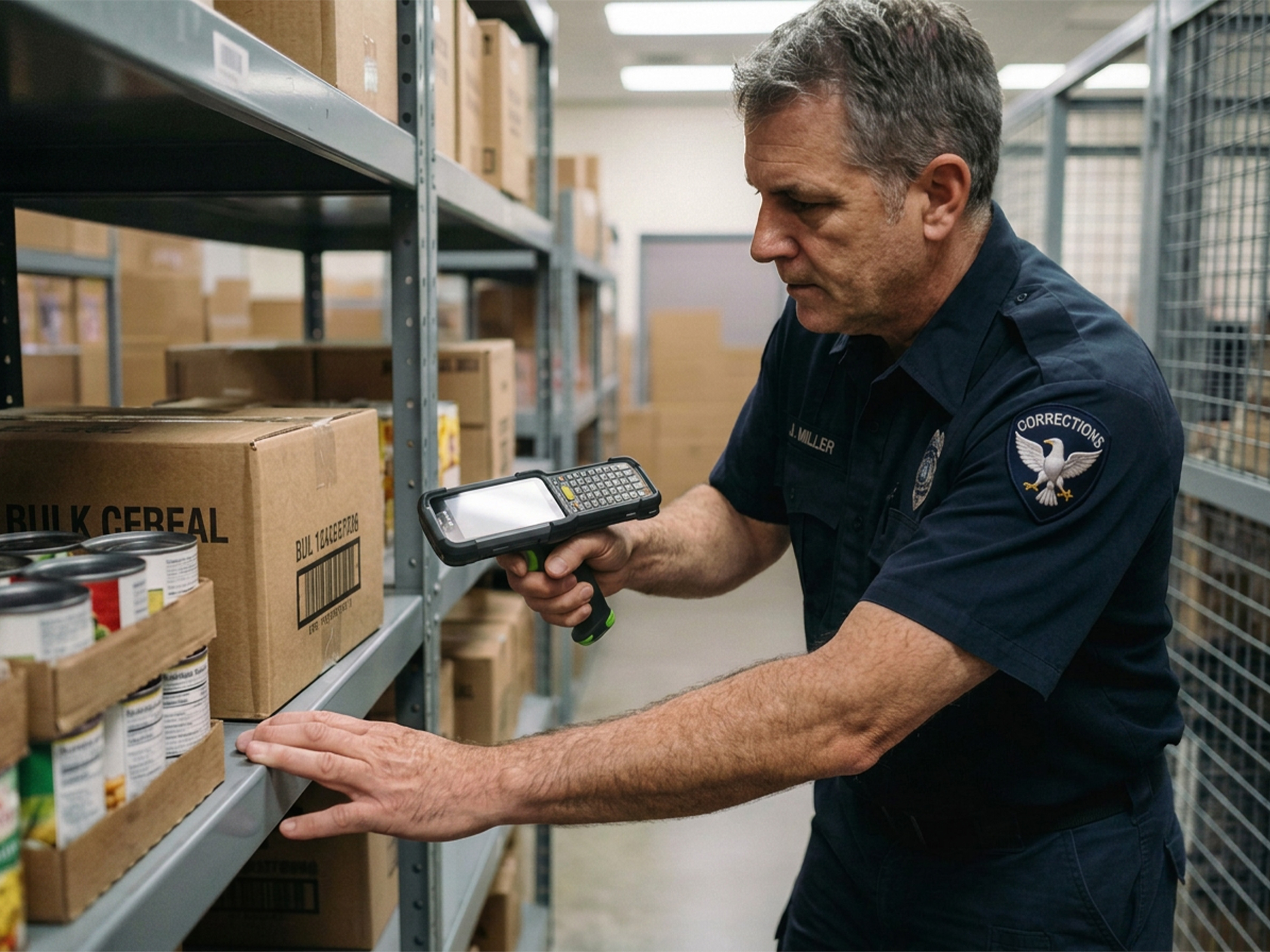 A corrections officer uses a Zebra MC9400 mobile computer for inventory and asset management inside a correctional facility's warehouse. The image depicts the use of technology for tracking and managing supplies in a public sector environment.