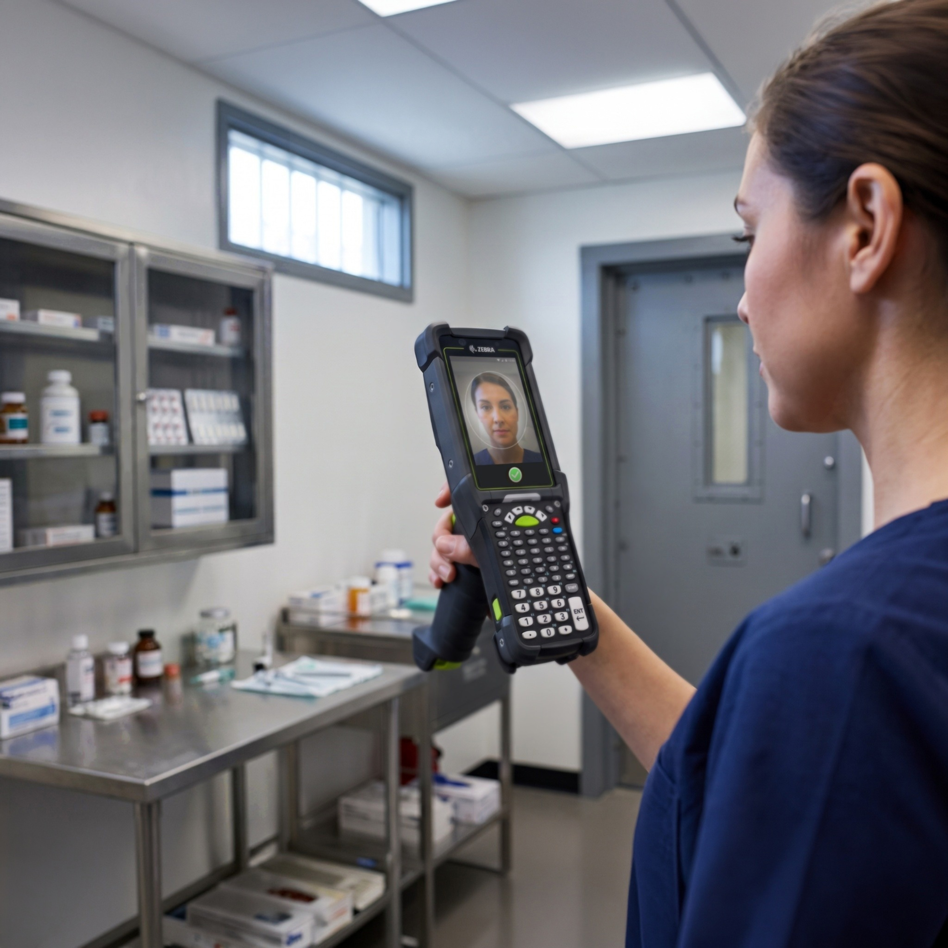 A healthcare professional uses a Zebra MC9400 mobile computer with Identity Guardian for facial recognition to ensure secure mobile point-of-care prescription dispensing to an inmate.
