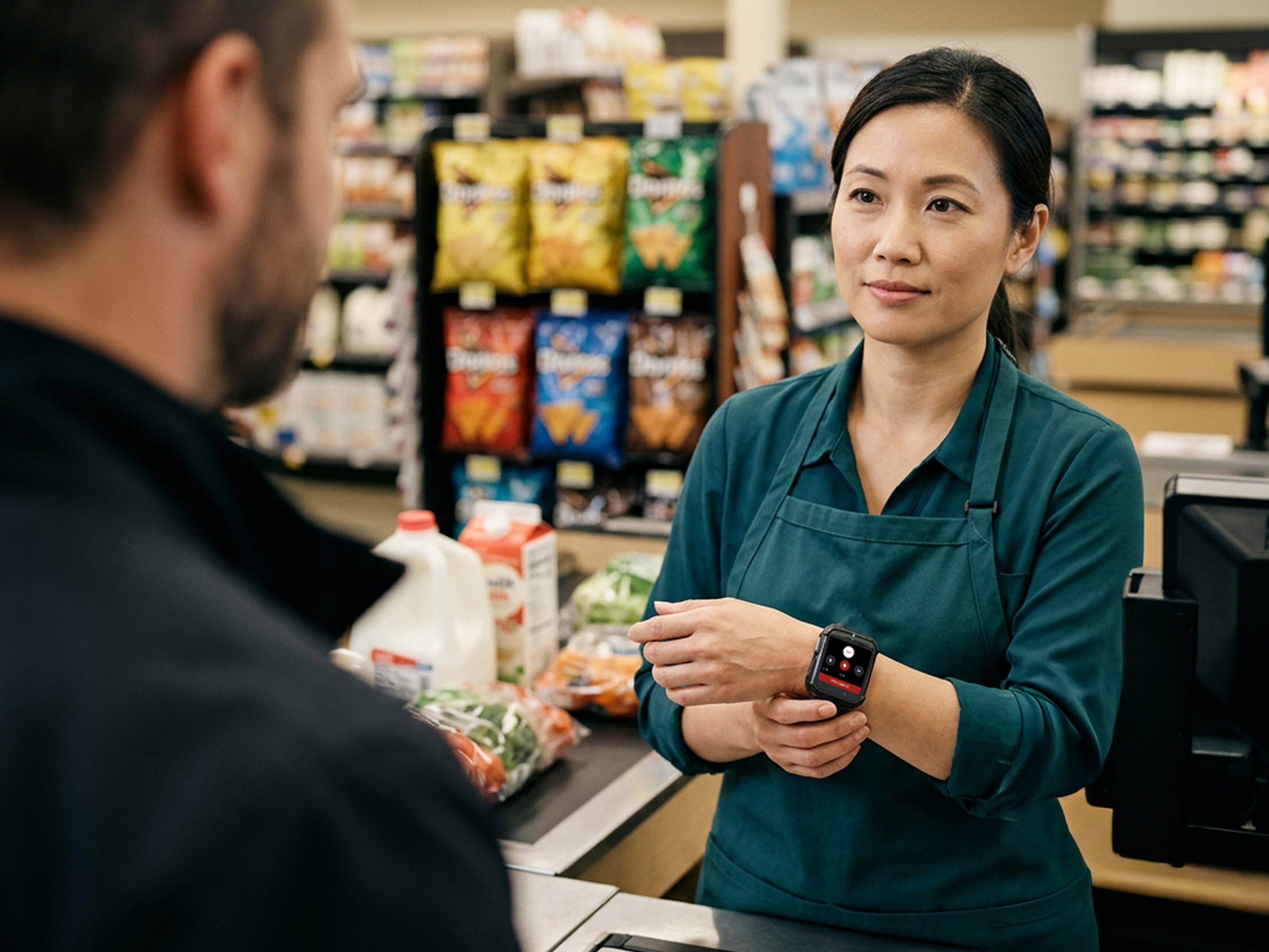 A retail associate uses a Zebra WS301 enterprise wearable computer to discreetly send a duress alert at a grocery checkout counter.