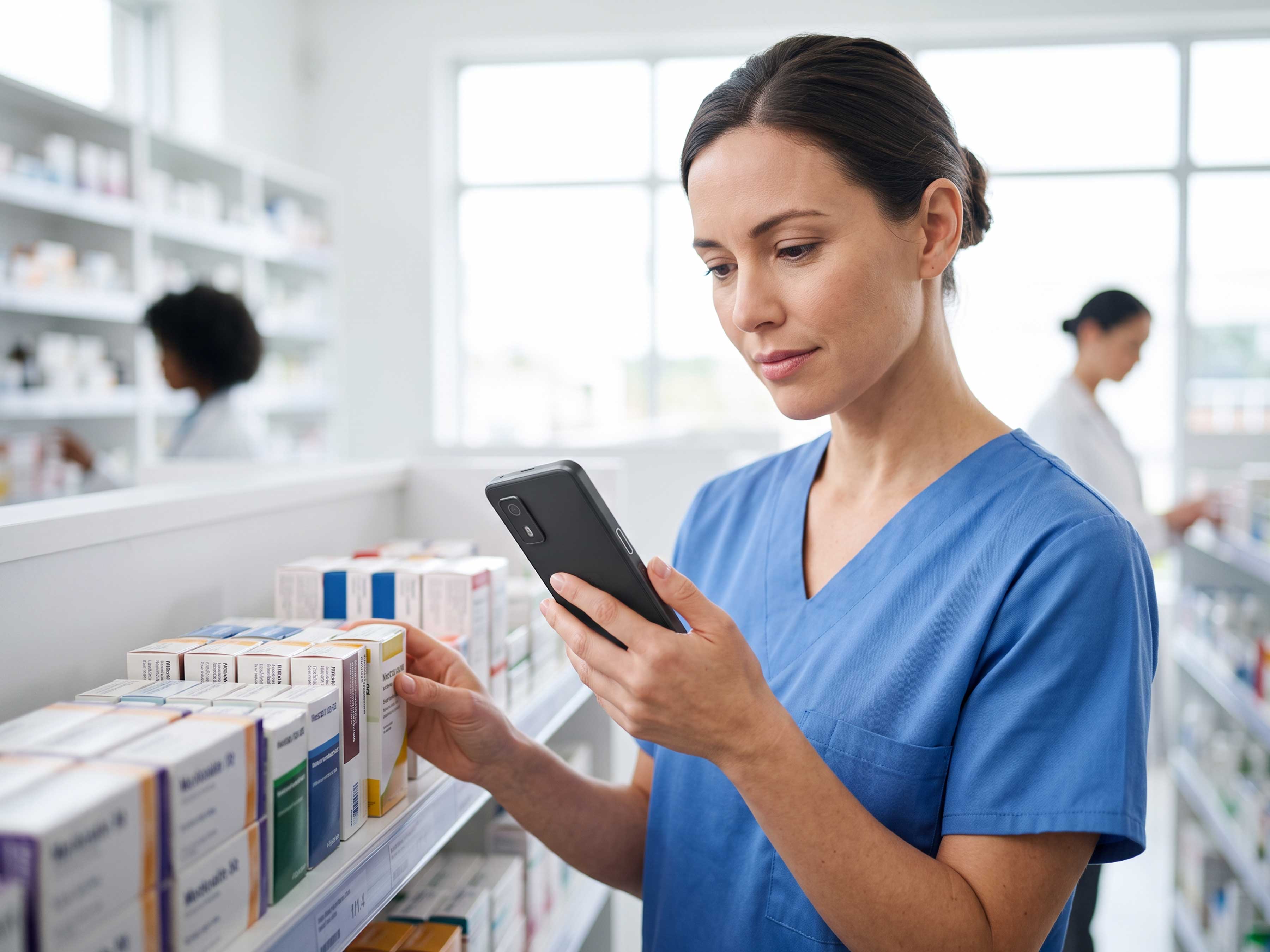 A pharmacy technician uses a Zebra EM45 RFID reader with a mobile computer for data capture and inventory management in a retail pharmacy.