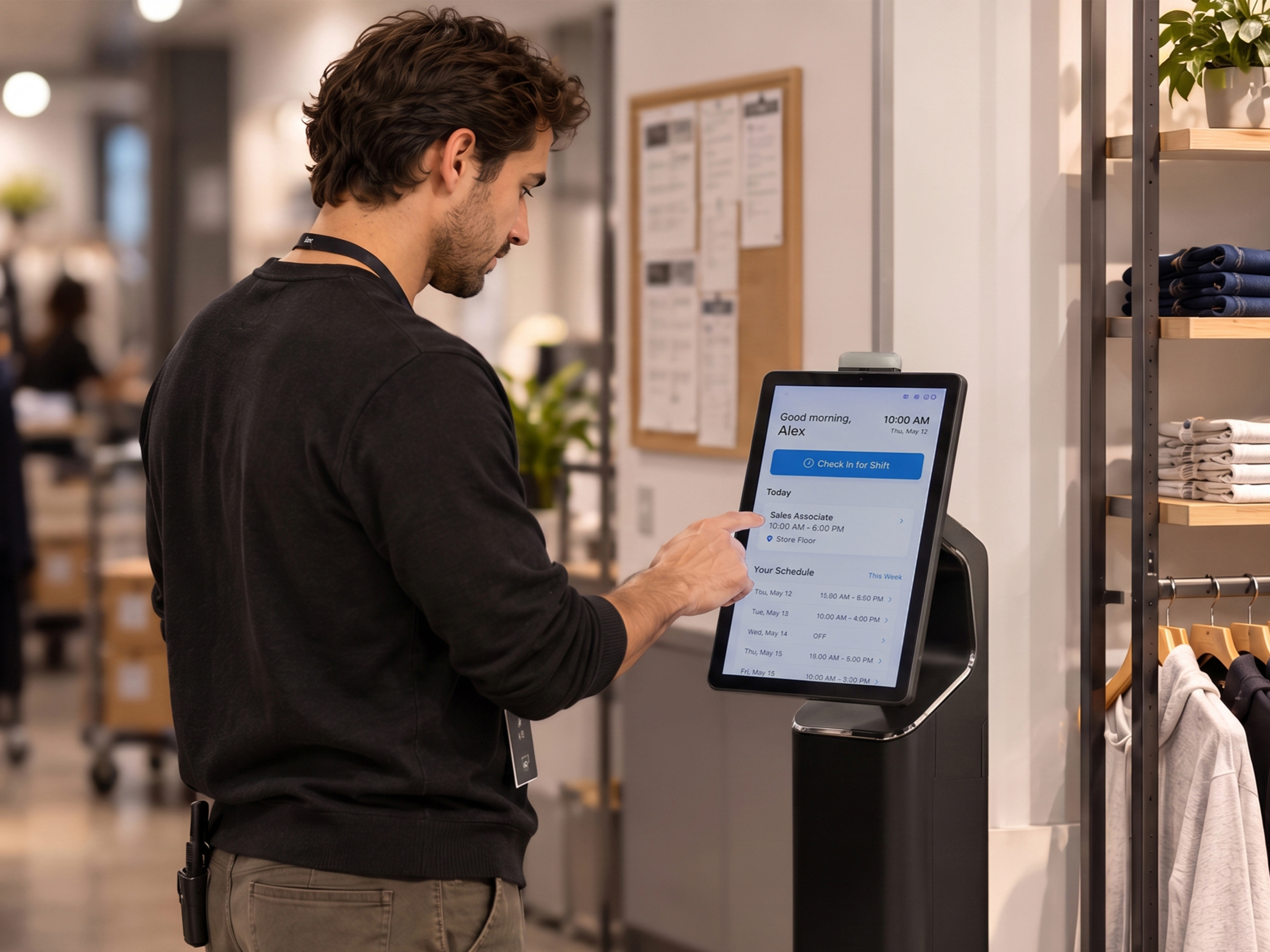 A retail associate uses a Zebra KC50 kiosk to check in for their shift and view daily schedules on the store floor.