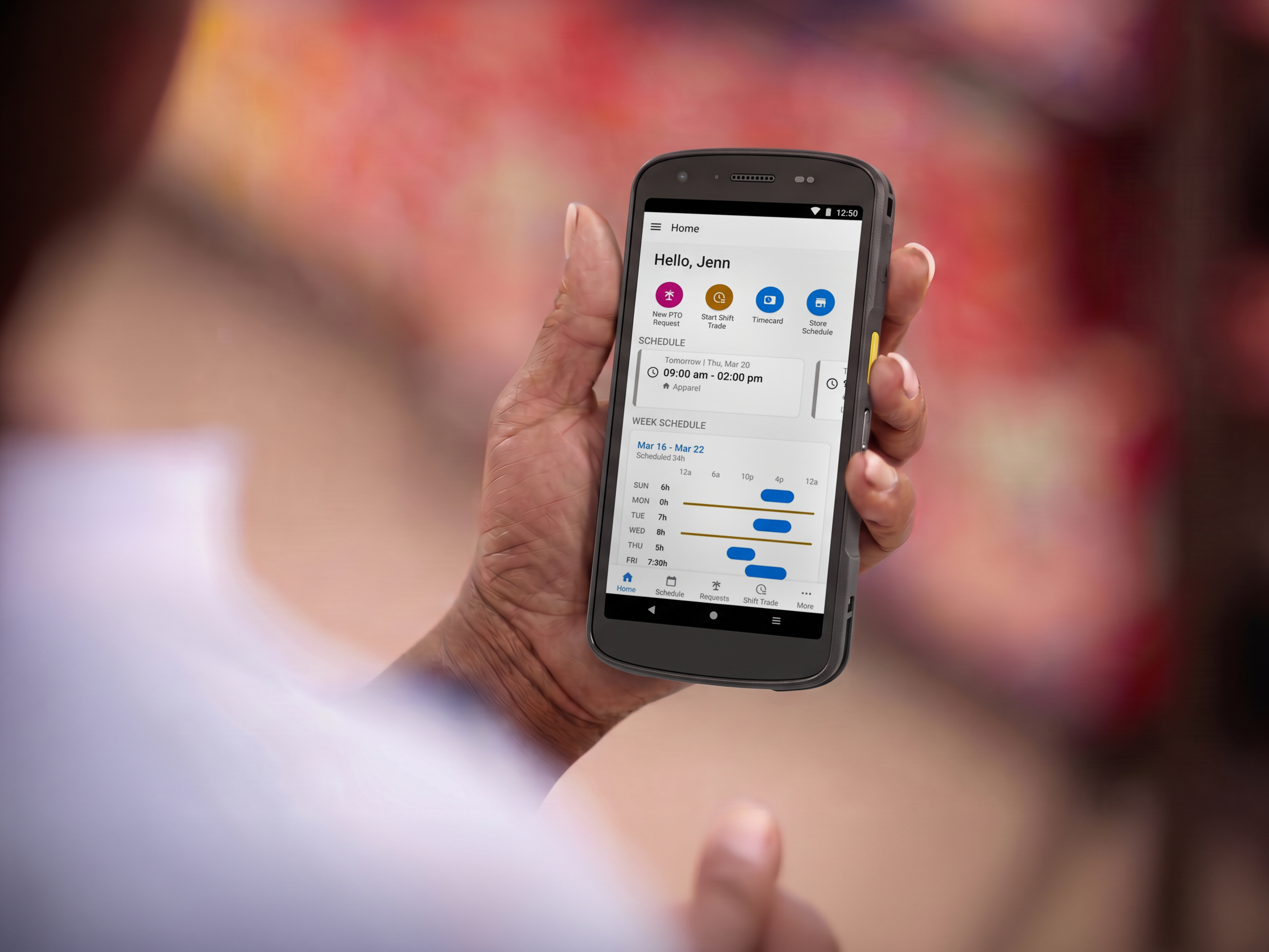 Empower your sales floor associates with Zebra TC22/TC27 Mobile Computers, allowing them to instantly view schedules, request time off, and swap shifts while on the go. This device combines a familiar smartphone-style design with enterprise-class durability and barcode scanning, keeping your entire workforce connected and informed.