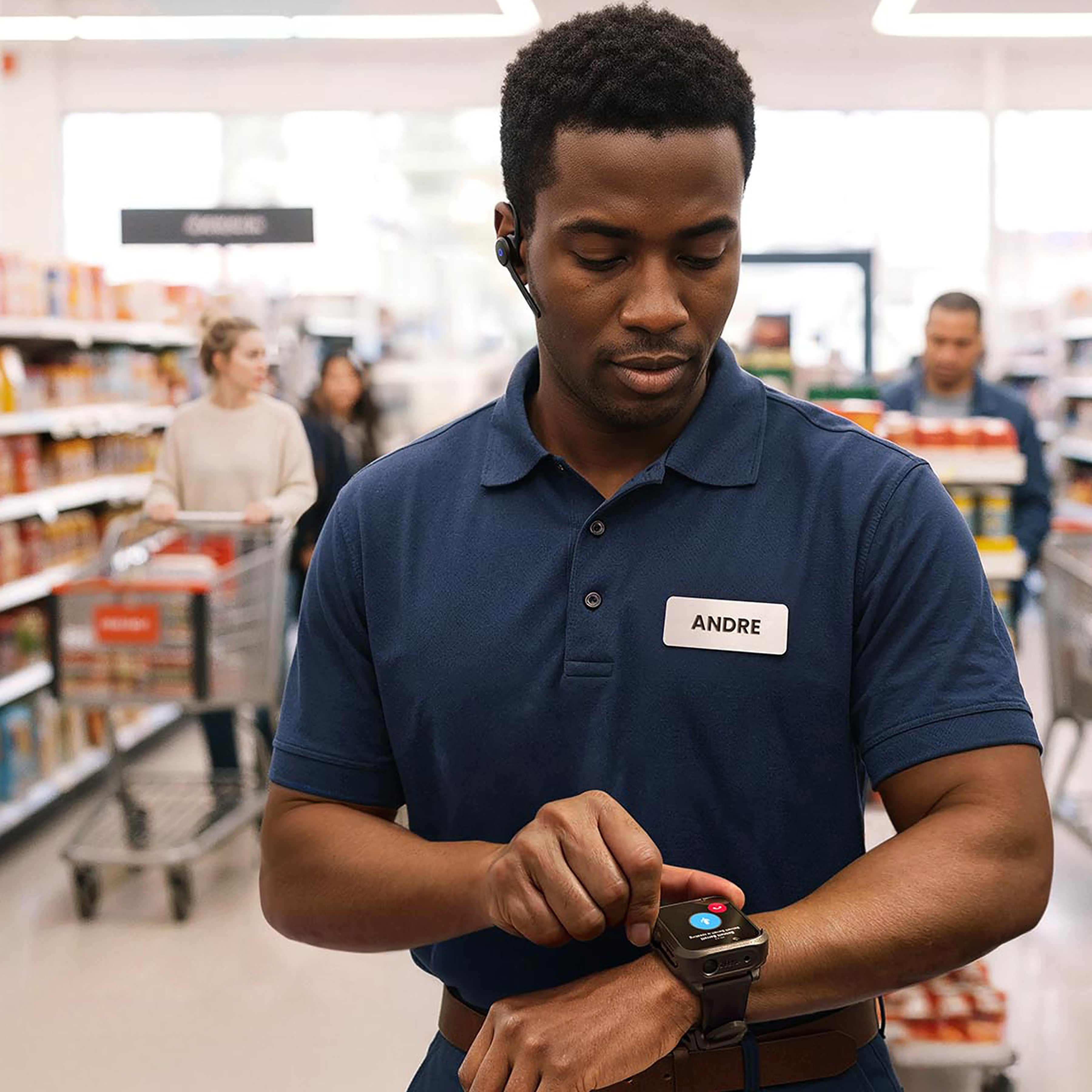 A retail grocery store employee uses a Zebra WS301 wrist wearable  on a grocery aisle to receive a call