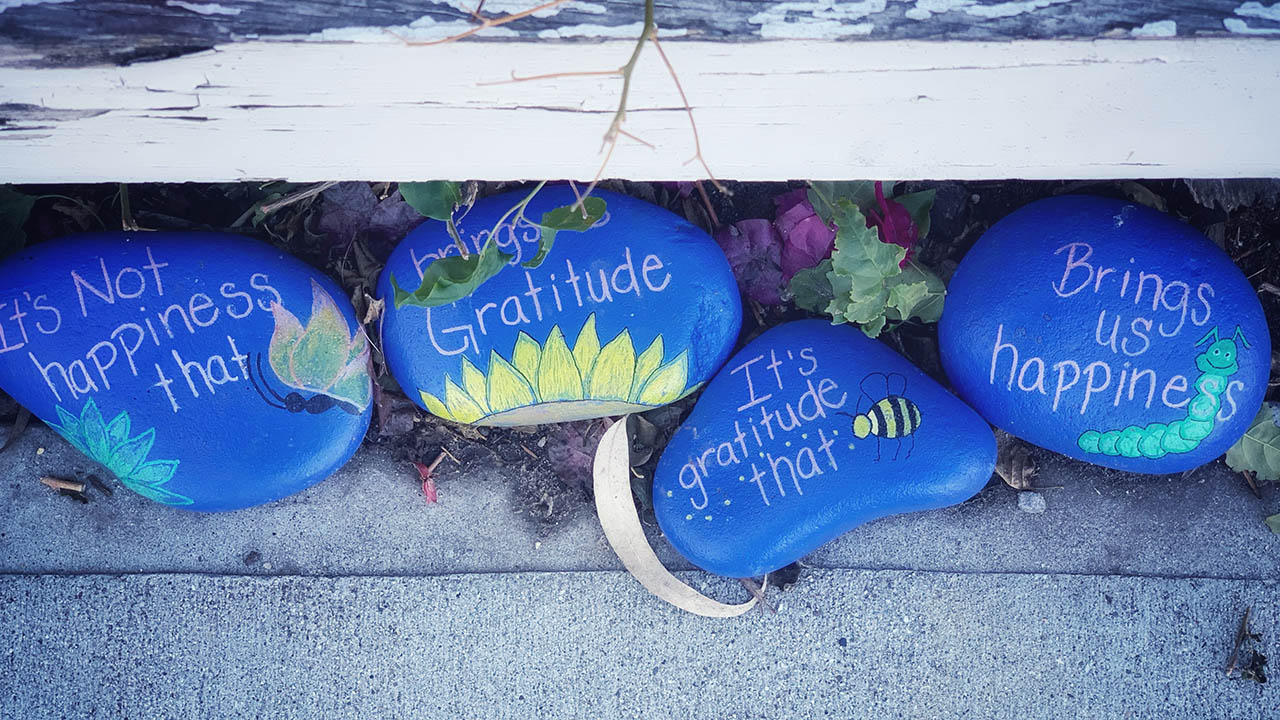 Painted rocks say "It's not happiness that brings gratitude. It's gratitude that brings us happiness."