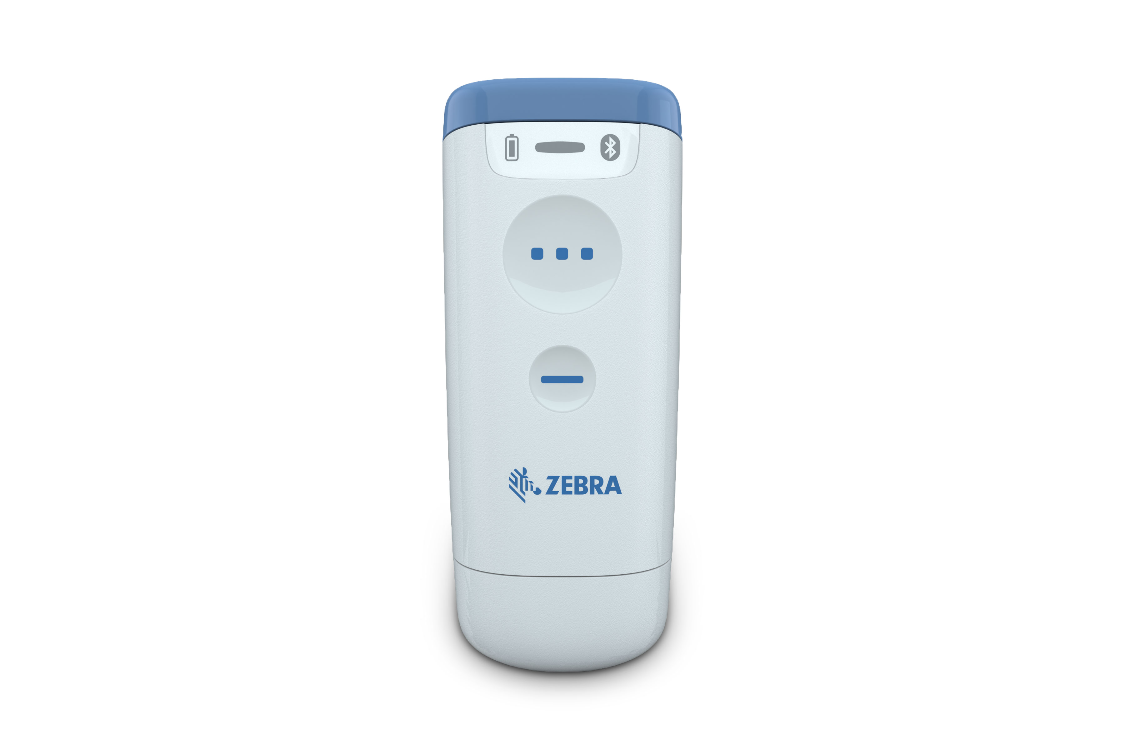 Top view of Zebra CS60-HC Series portable scanner, cordless, white, with scanner in upright position