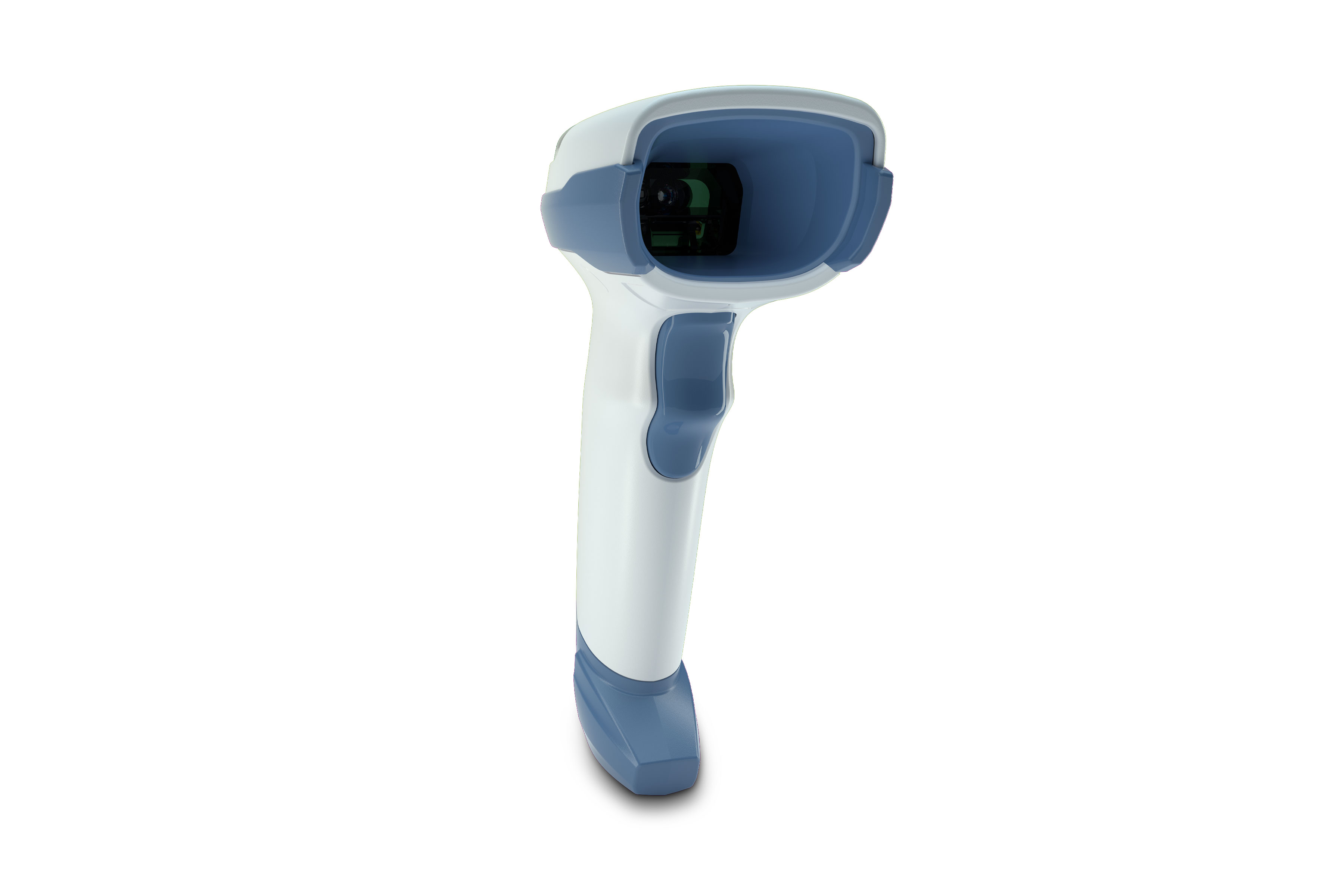 Front of Zebra DS4600 Series barcode scanner, Model DS4608-HC, white, right facing