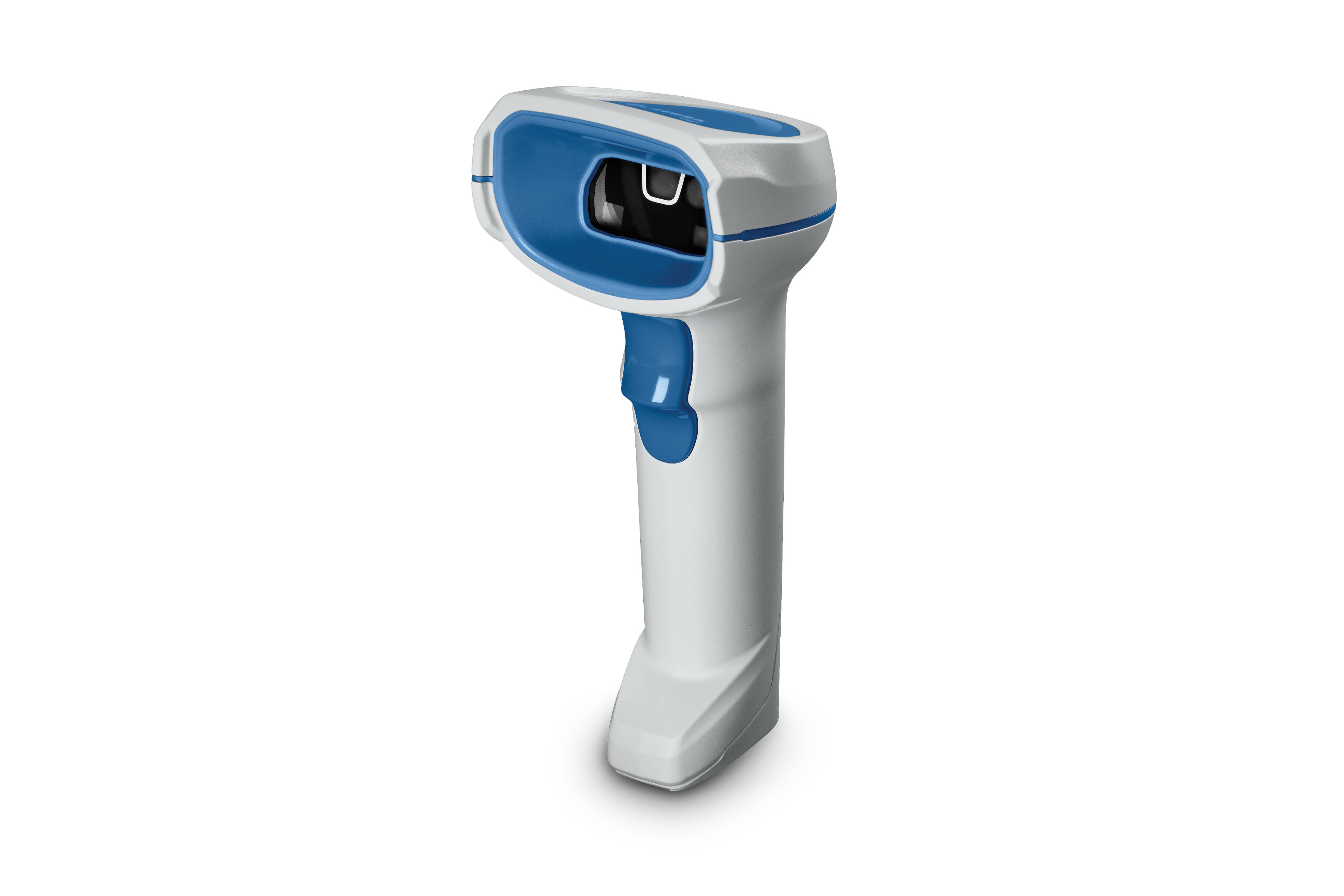 Front of Zebra DS8100 Series handheld barcode scanner, Model DS8178-HC, white, left facing