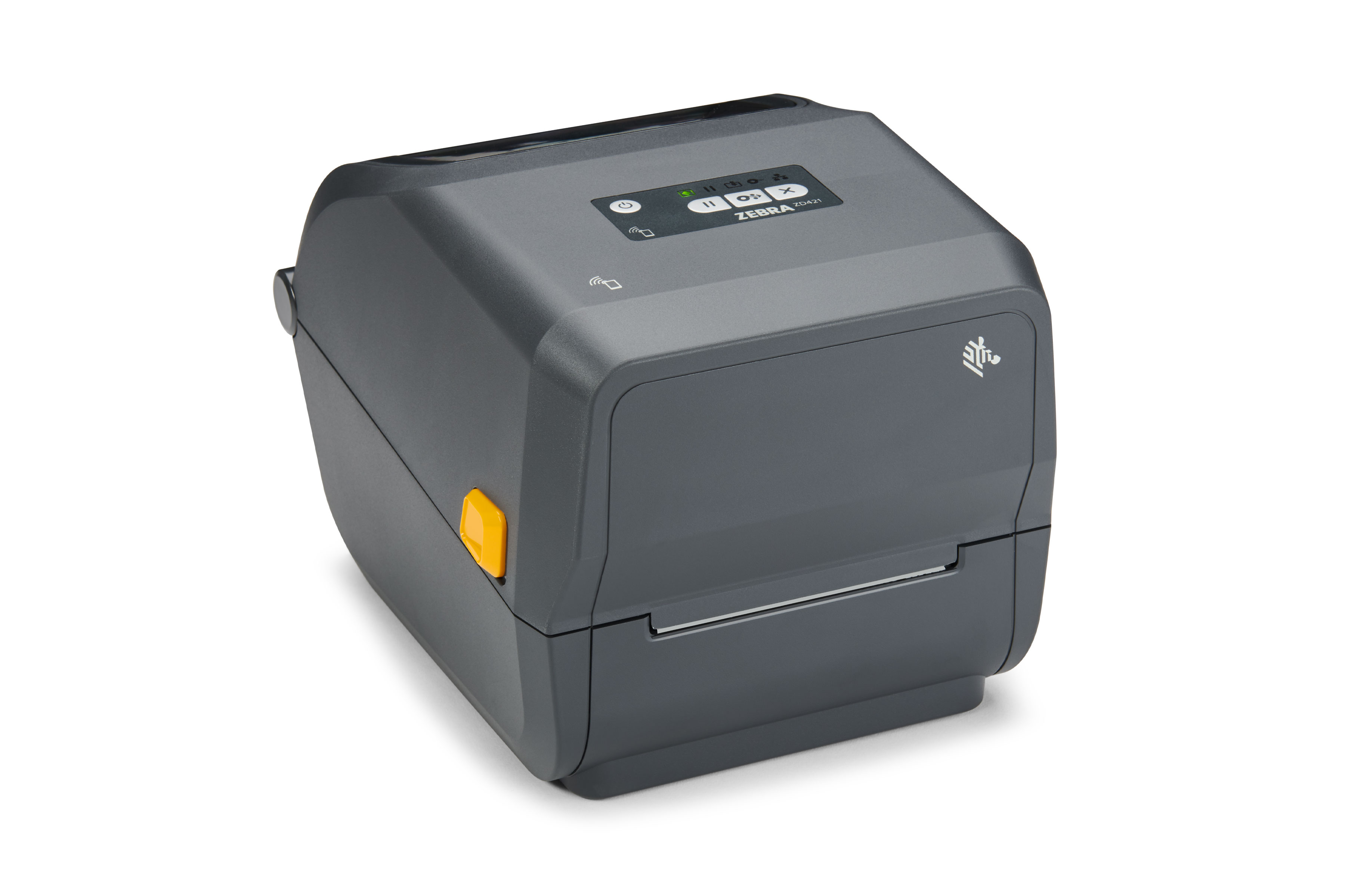 Front of Zebra ZD400 Series label printer, Model ZD421C, right facing 