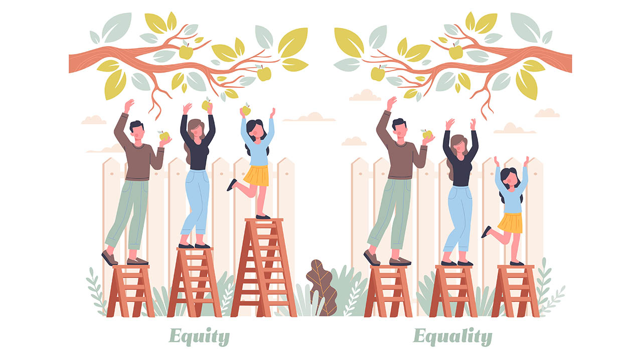 Equality and Equity Abstract Concept. Different people pick apples in the garden. Human Rights, Equal Opportunities, Respective Needs Banner. Modern Flar Cartoon Vector Illustration Design