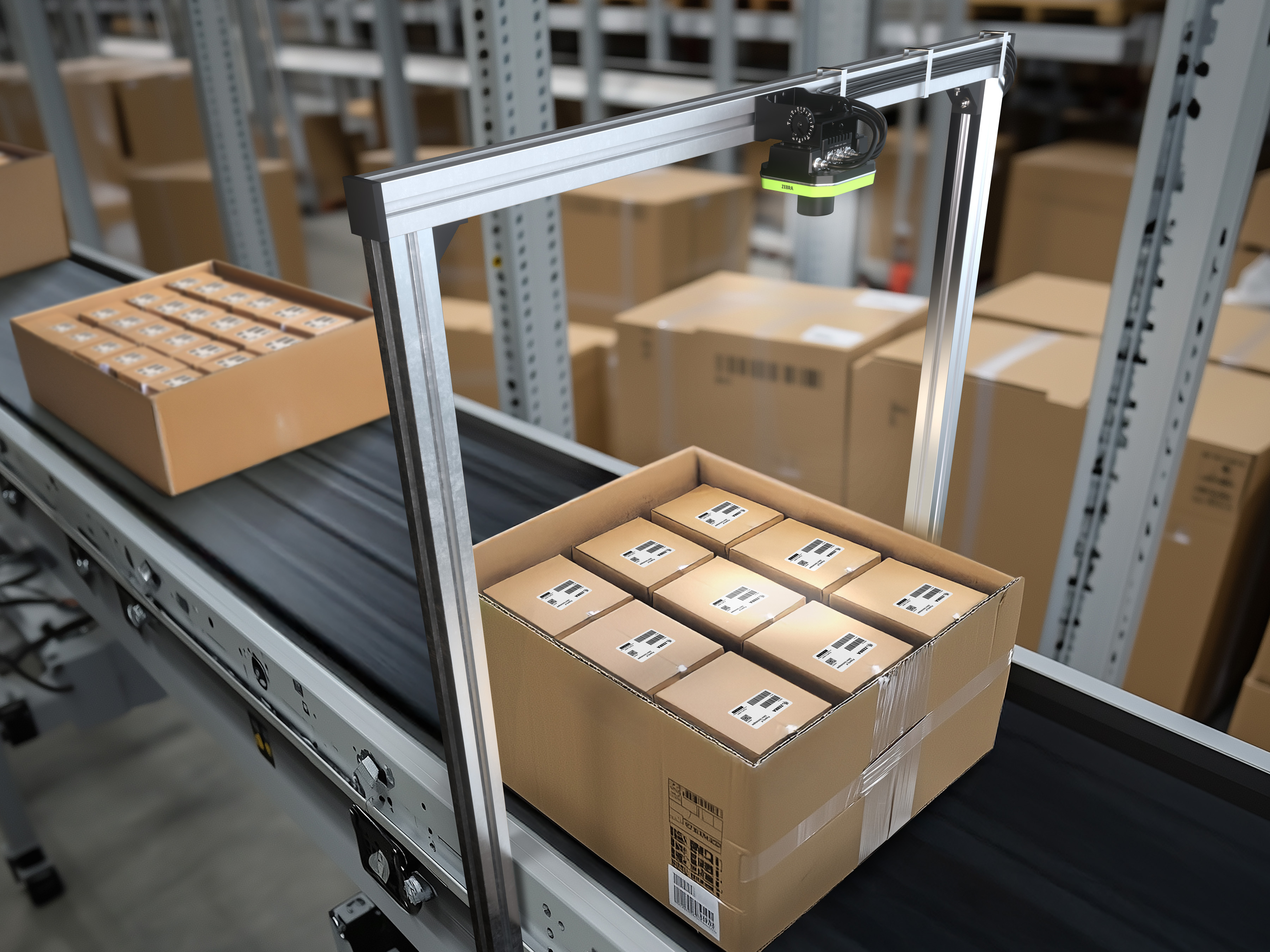 A fixed industrial scanner in a warehouse scans cardboard boxes as they move along a conveyor belt.