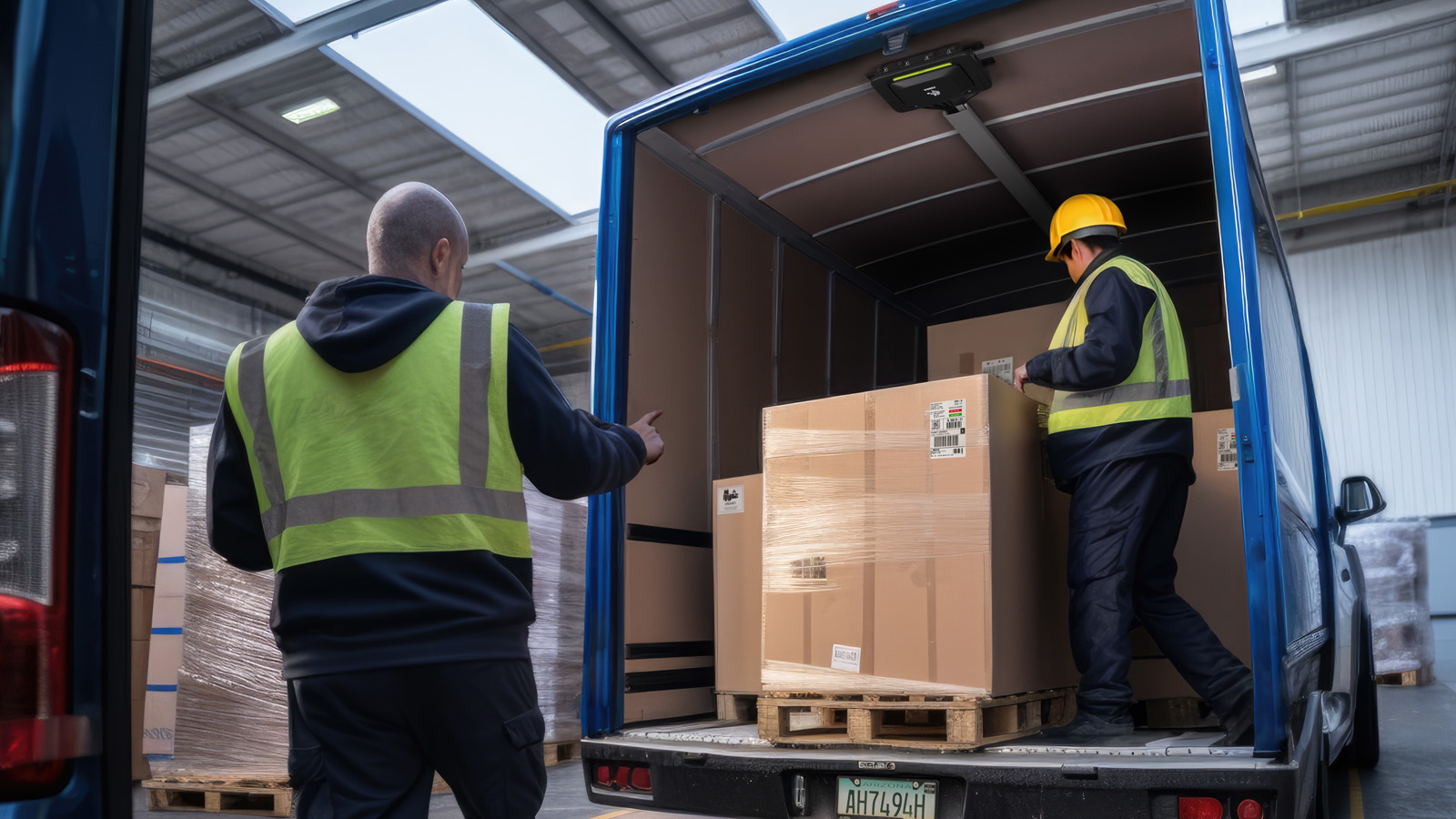 Two workers in safety vests load boxes onto a truck inside a warehouse, highlighting outbound logistics, while the facility also handles inbound logistics for received goods.