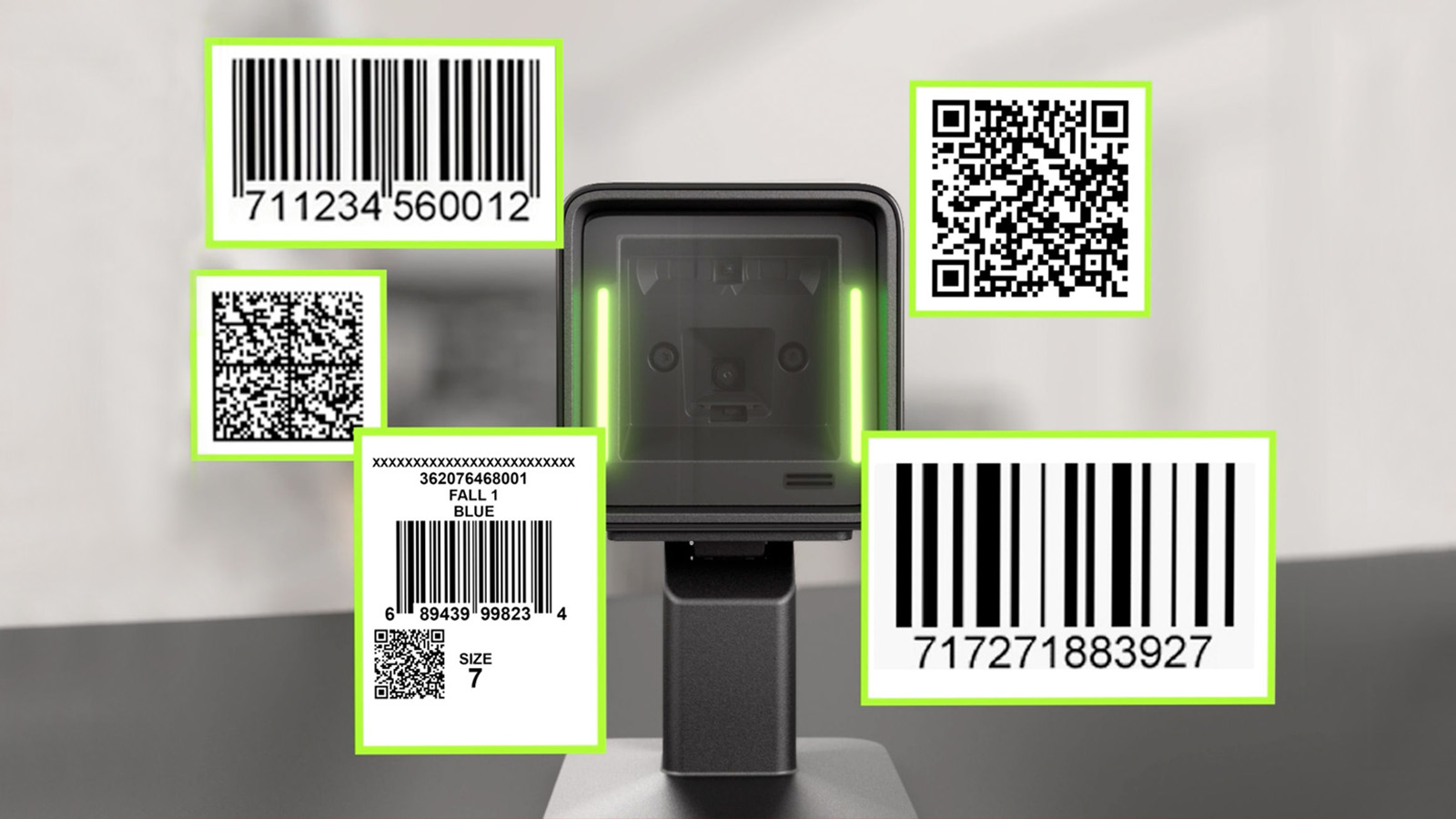A zebra multi-code barcode scanner capturing various 1D and 2D Digital Link barcodes simultaneously, highlighted by green bounding boxes