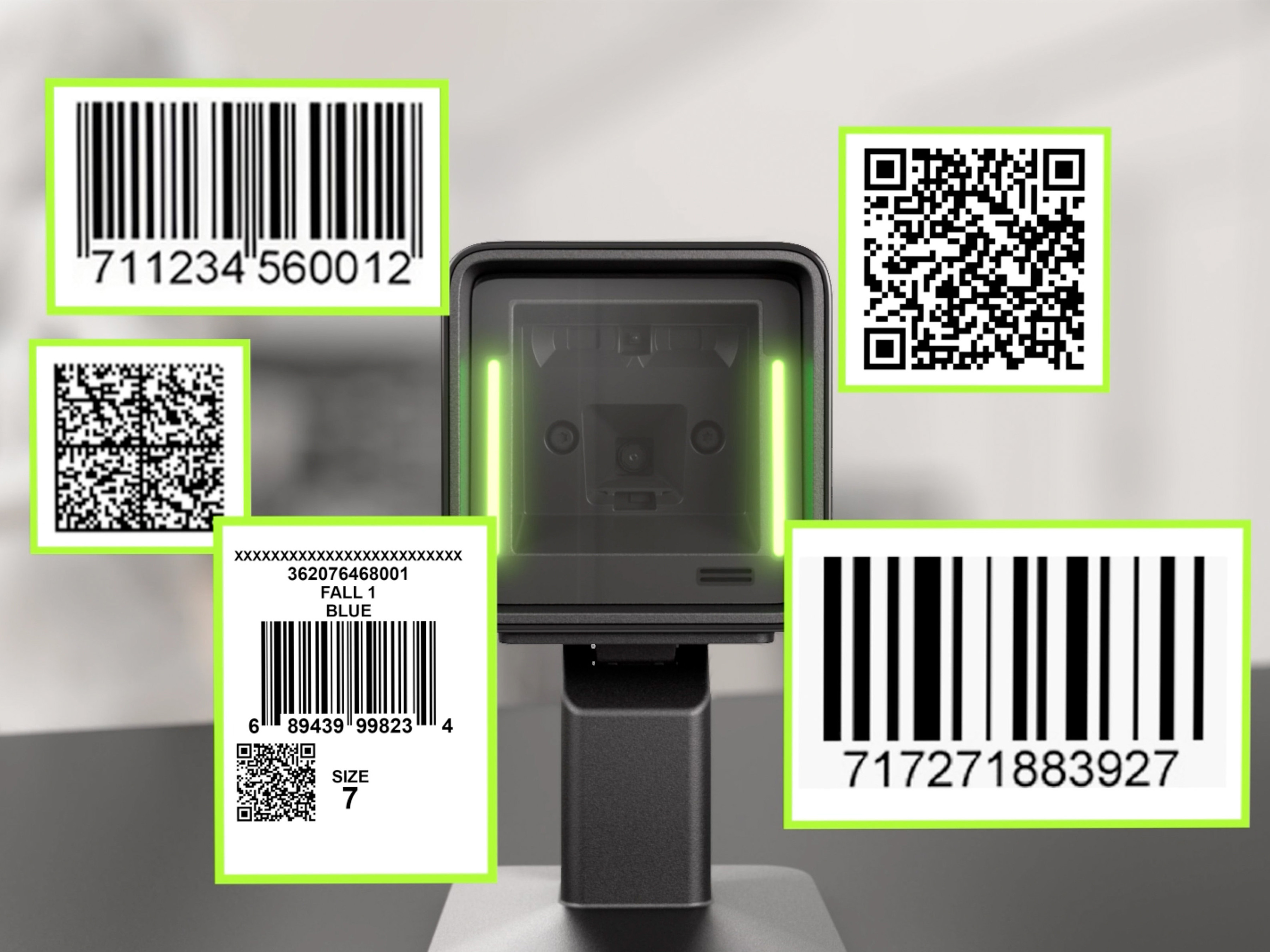 A zebra multi-code barcode scanner capturing various 1D and 2D Digital Link barcodes simultaneously, highlighted by green bounding boxes