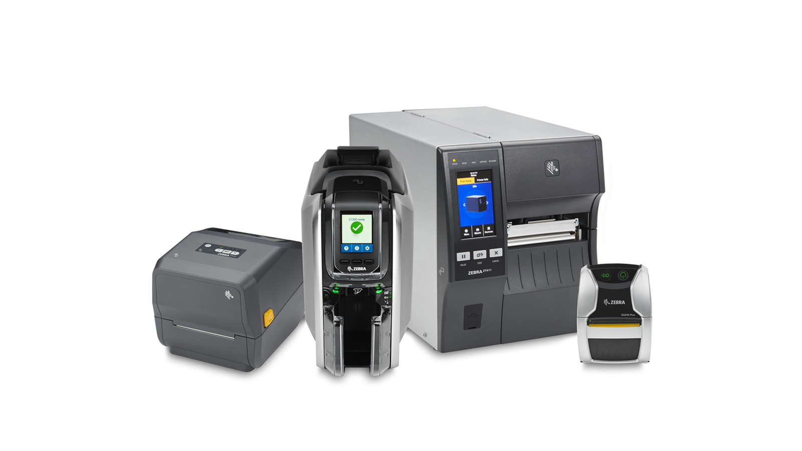 Different printers from Zebra Technologies are shown: a compact desktop label printer, a card printer, an industrial model, and a mobile printer.