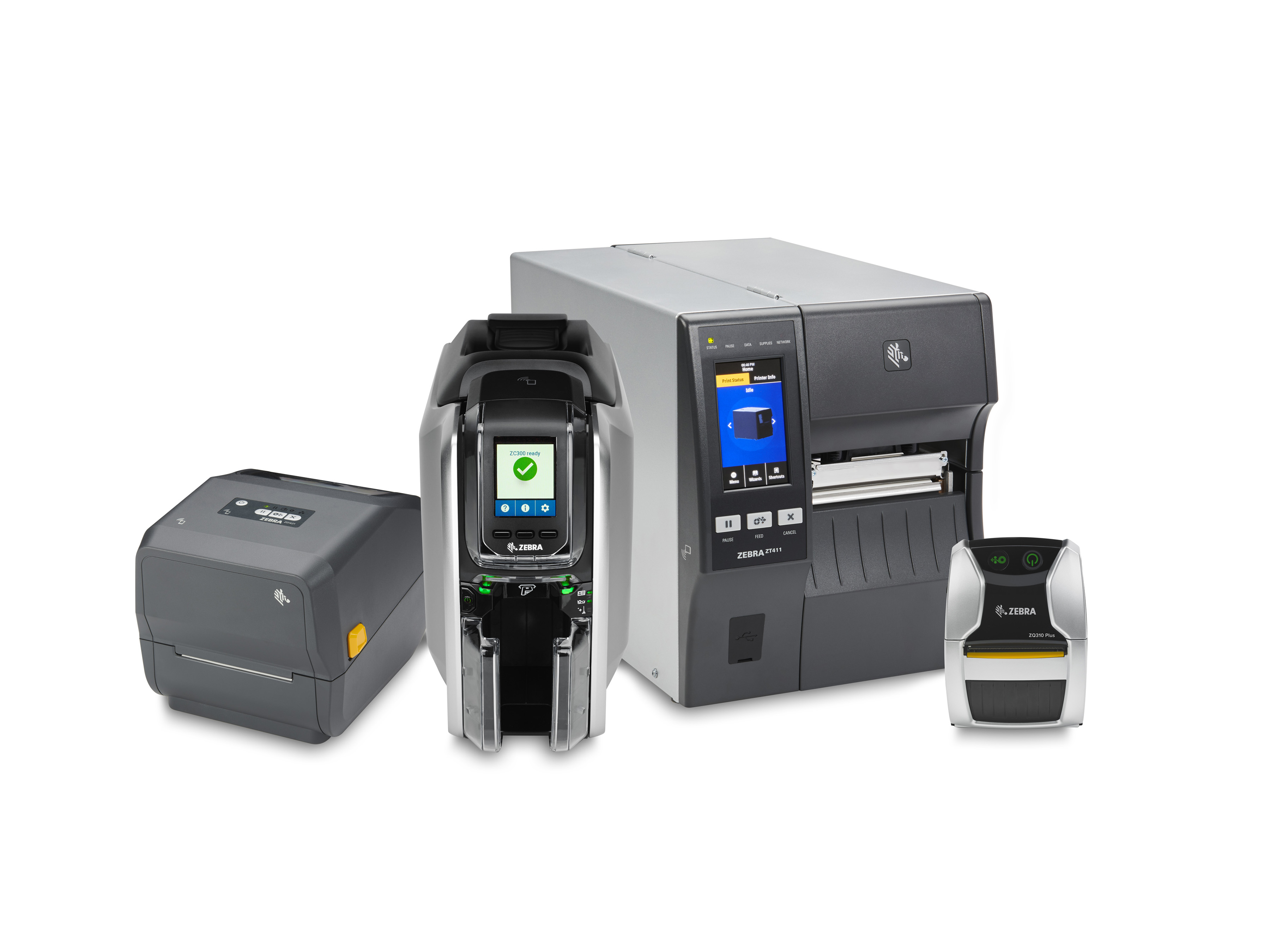 Different printers from Zebra Technologies are shown: a compact desktop label printer, a card printer, an industrial model, and a mobile printer.