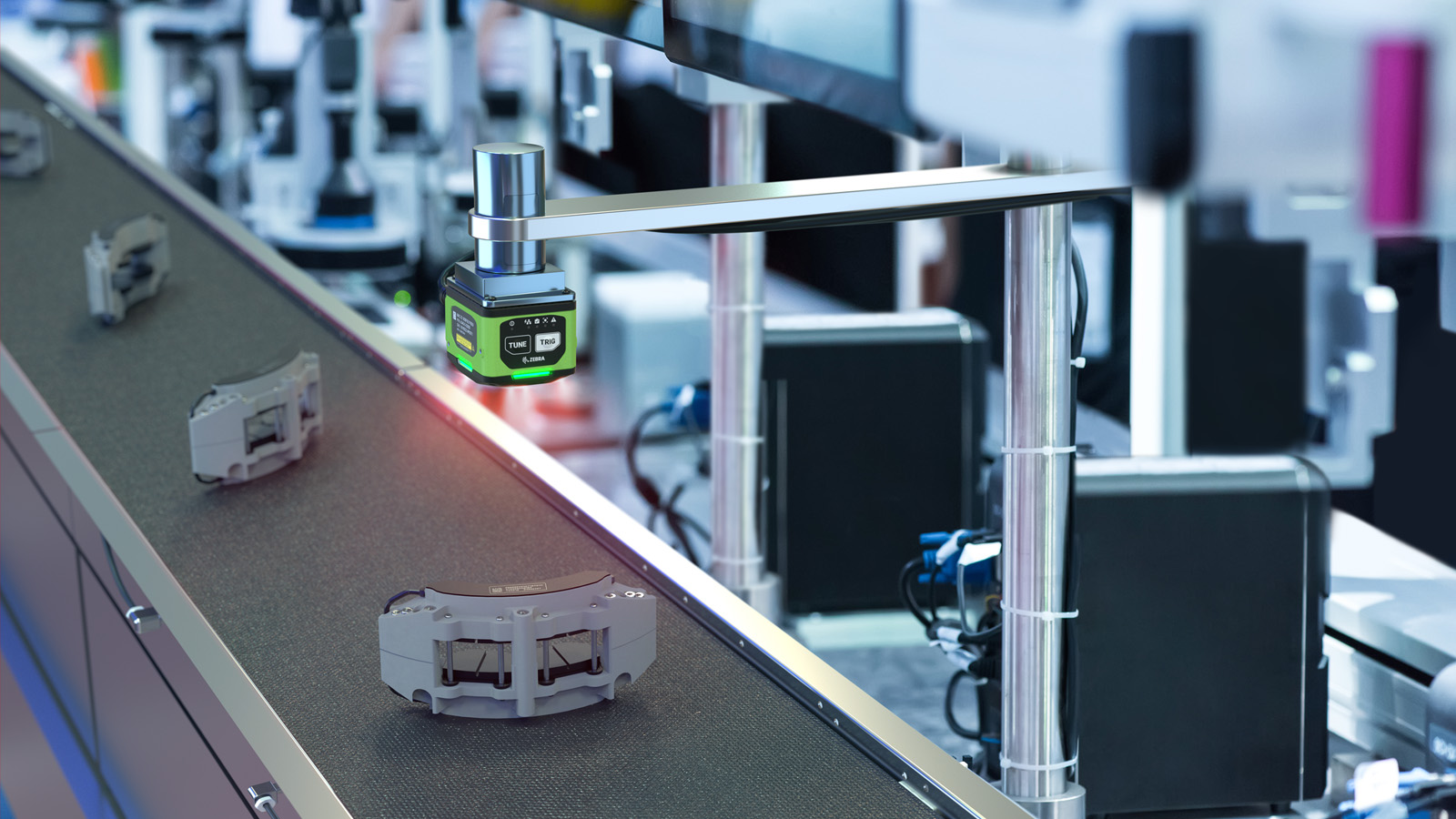 A machine vision camera is mounted on an arm and is capturing high-resolution images of the production line to inspect the quality of the products and to ensure that they meet the required specifications.
