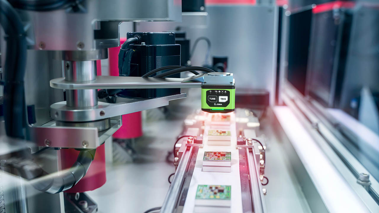 A Zebra machine vision system is used to inspect electronic chips on the manufacturing line.