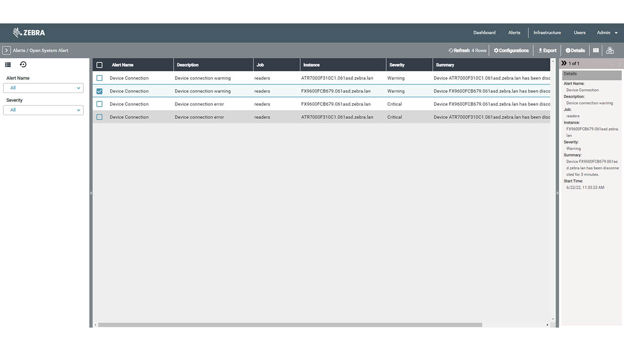 A screenshot of the MotionWorks Enterprise RFID Reader Management Module dashboard device list