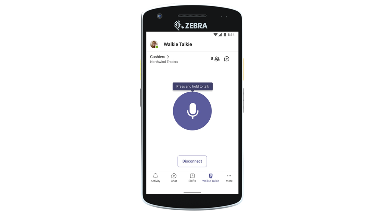 The Teams Walkie Talkie app on a Zebra mobile computer