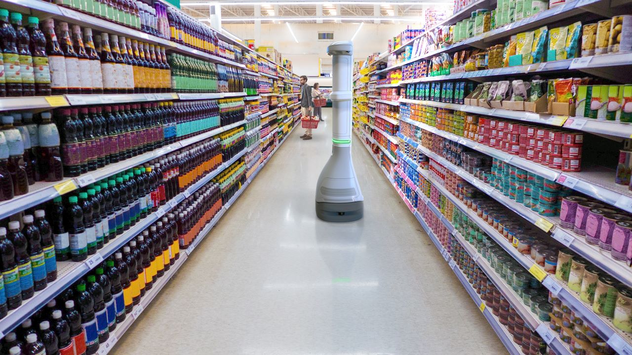The Zebra EMA 50 enterprise mobile automation system roams the aisle of a grocery store